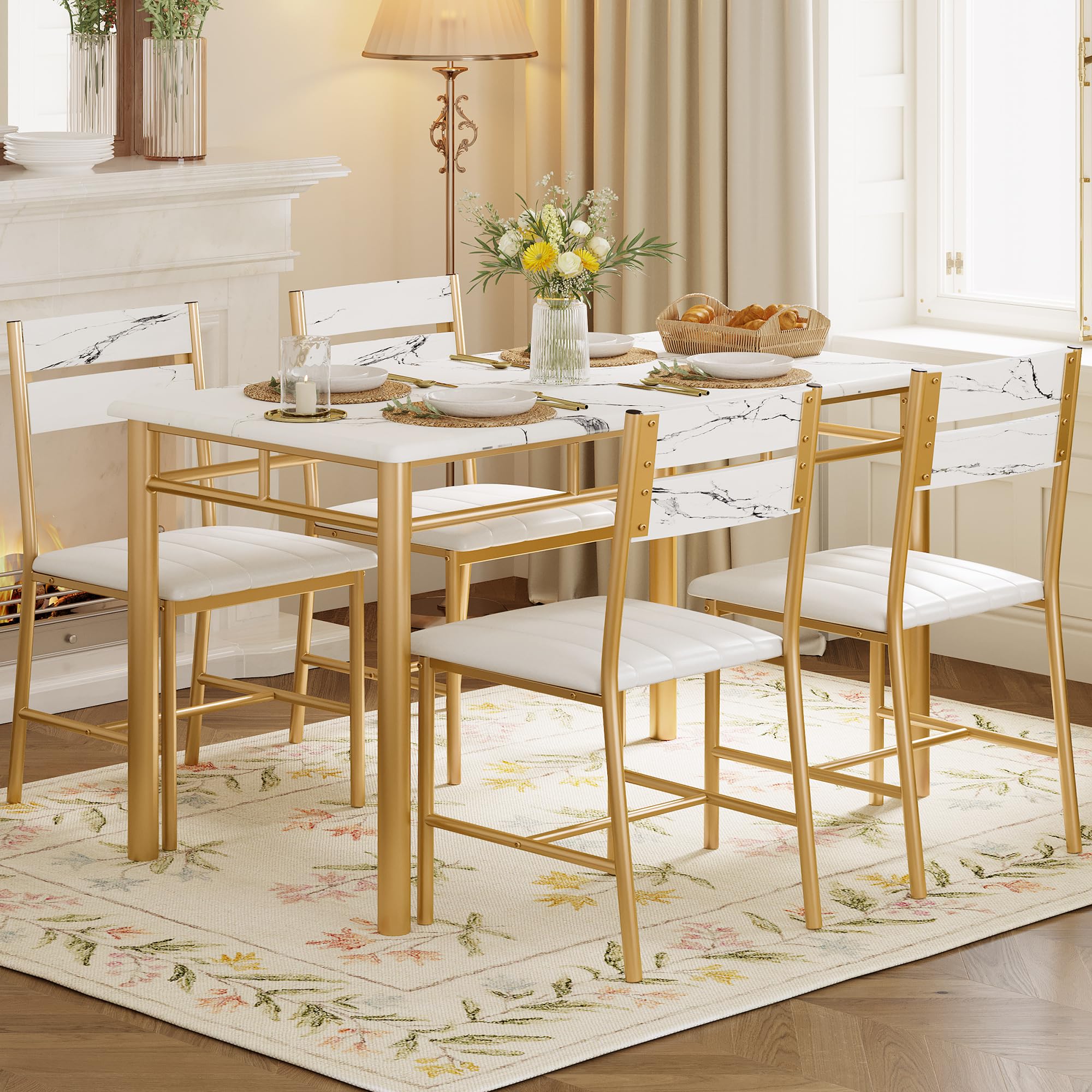 IRONCK Dining Table Set for 4, Wood Kitchen Table with Upholstered Chairs for Kitchen & Dining Room, Compact Dining Set for Small Spaces, White & Gold