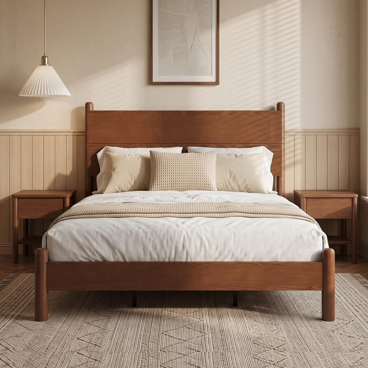 SUCSSRICH Solid Wood Full Size Bed Frame with Tall Headboard, Brown