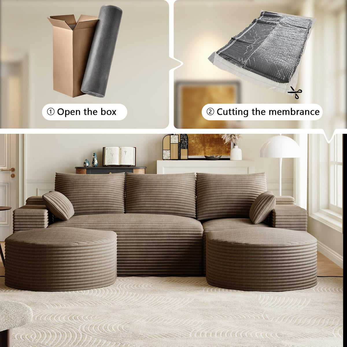 U-Shaped Modular Boneless Sectional Sofa with Curved 2 Ottomans, Dark Brown