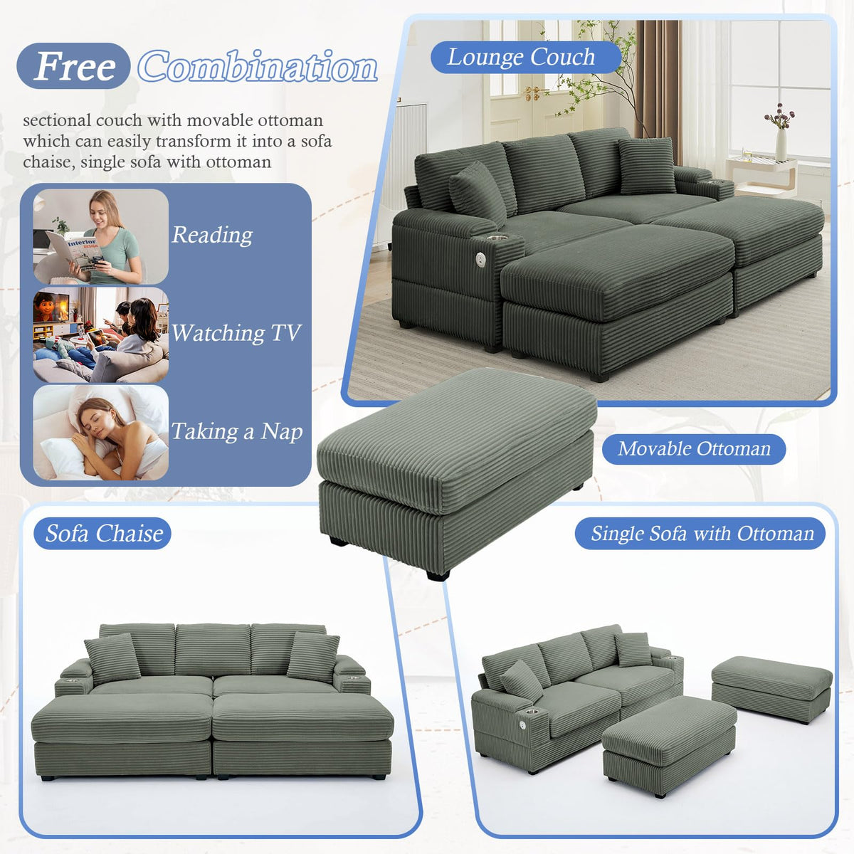 Green Corduroy Modular Sofa with Ottomans