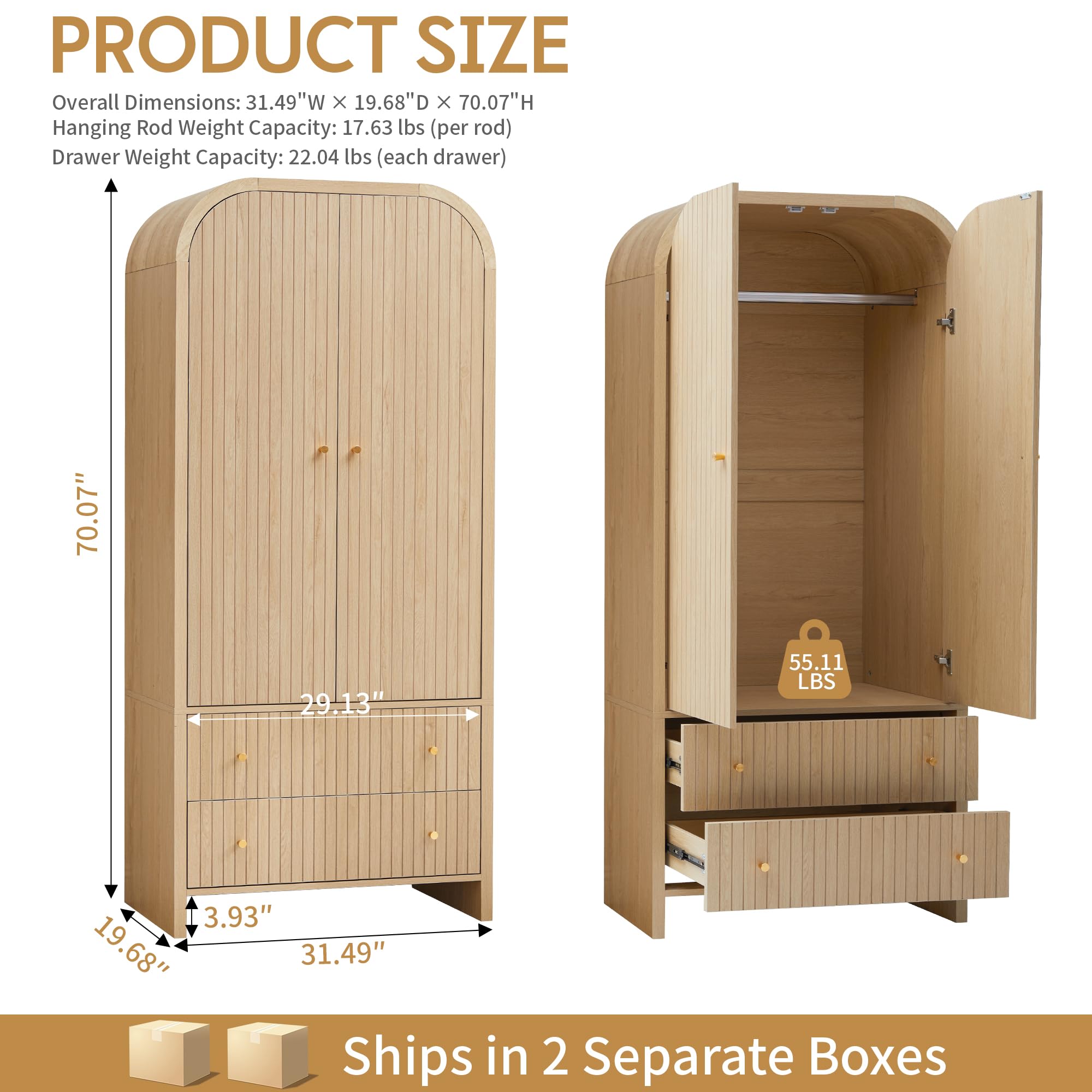 Arched Armoire Wardrobe Closet with Hanging Rod & 2 Drawers
