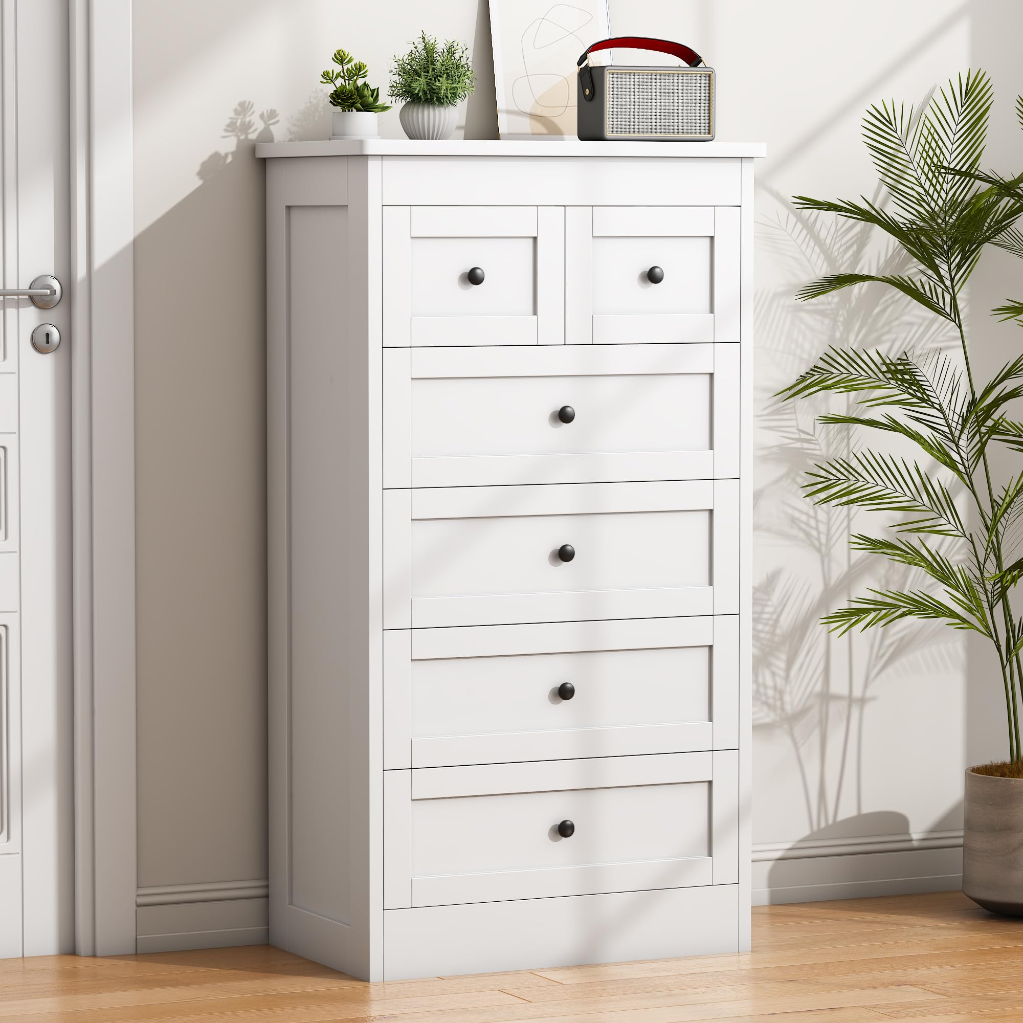 wanan Tall 6 Drawer Dresser for Bedroom, White Modern 43.3'' Tall Wood Chest of Drawers, Storage Organizer with Smooth Metal Rails & Anti-Tip Kit for Closet, Hallway, Living Room