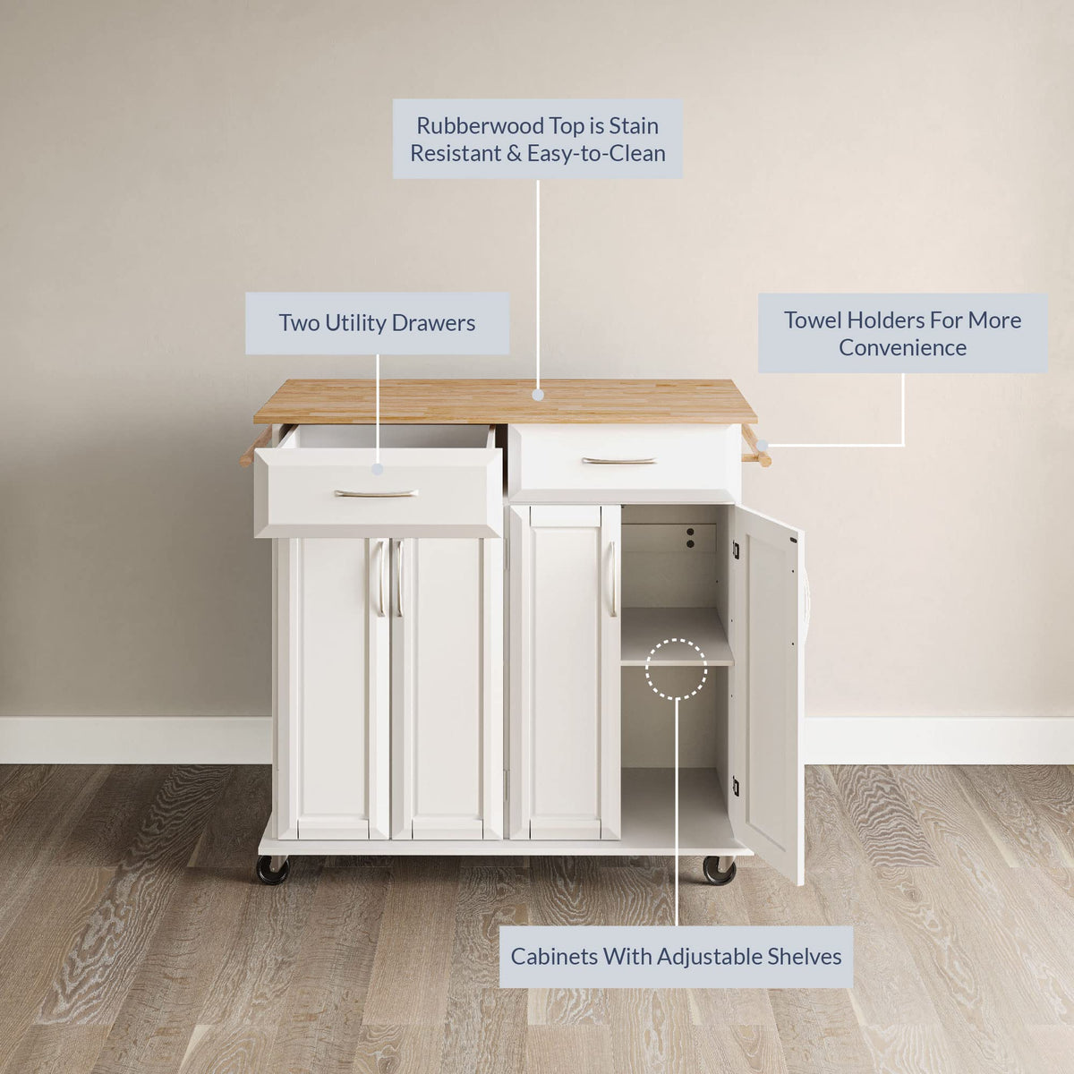 BELLEZE Rolling Kitchen Island Cart on Wheels with Storage Cabinet, Mobile Kitchen Cart Island Table with 2 Drawers Towel Racks Rubber Wood Top Coffee Bar for Dinning Room, 41.7”Lx18.5”Wx37”H, White