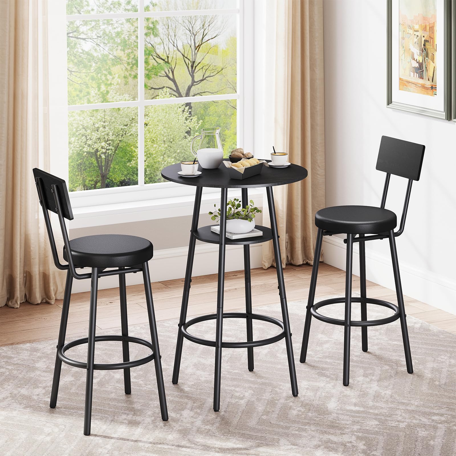 Round Bar Table & 2 Stools Set with Storage