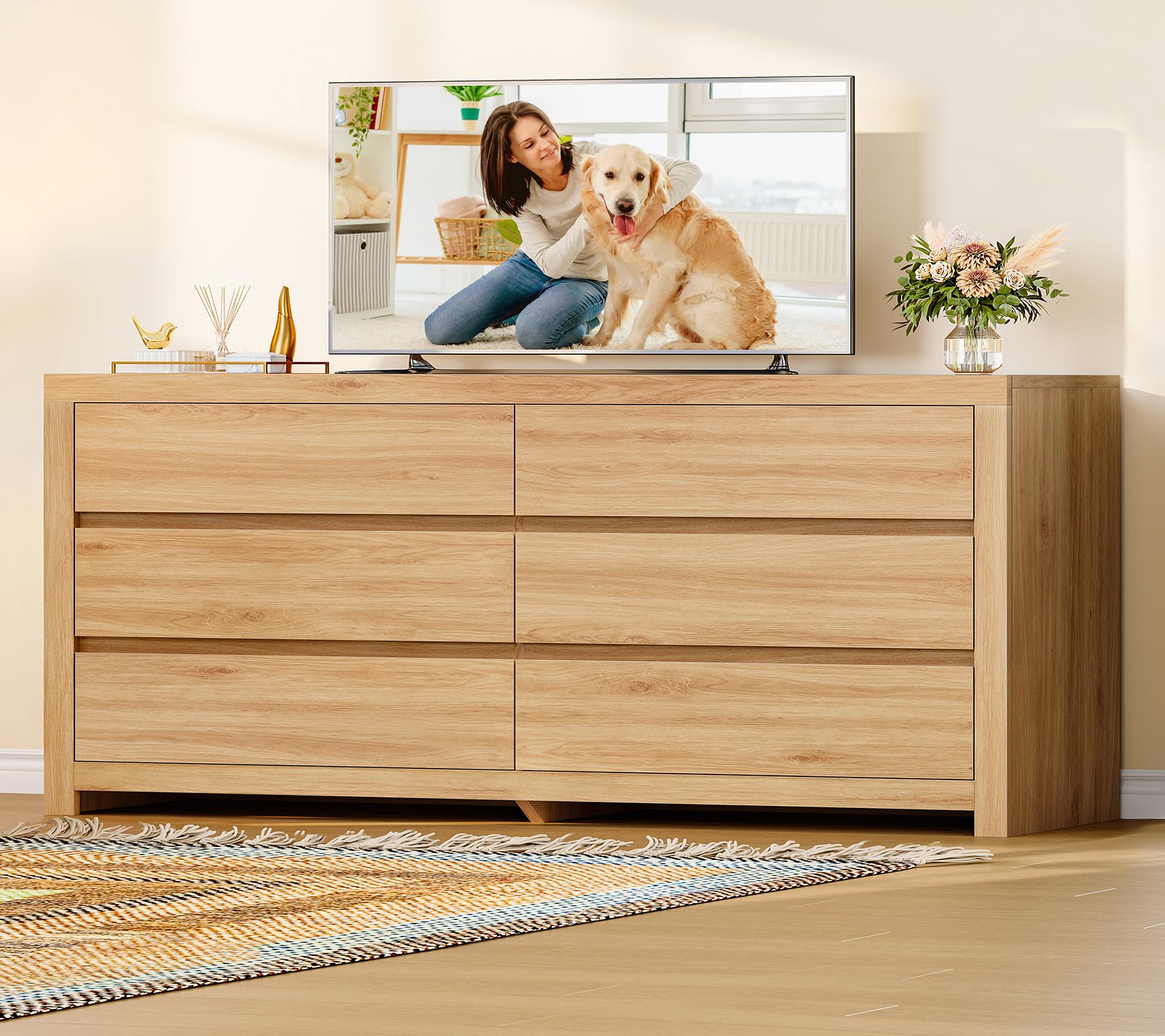 TEENFON 55" Dresser for Bedroom with 6 Drawers, Modern Dressers & Chests of Drawers with Metal Handles, Wooden Dresser TV Stand, Bedroom Dressers, for Bedroom, Hallway, Natural