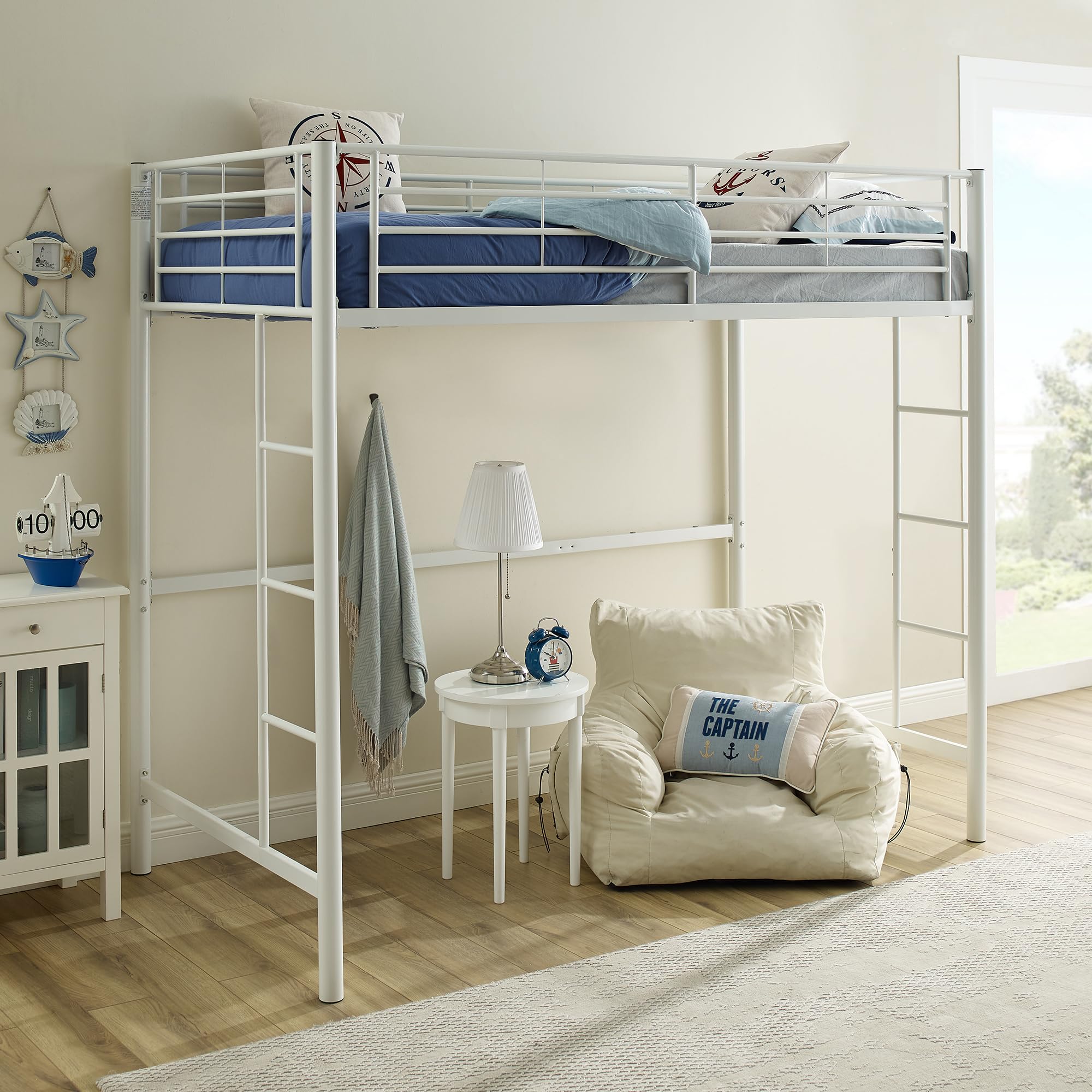 Metal Twin Loft Bed with Guardrails & Ladder