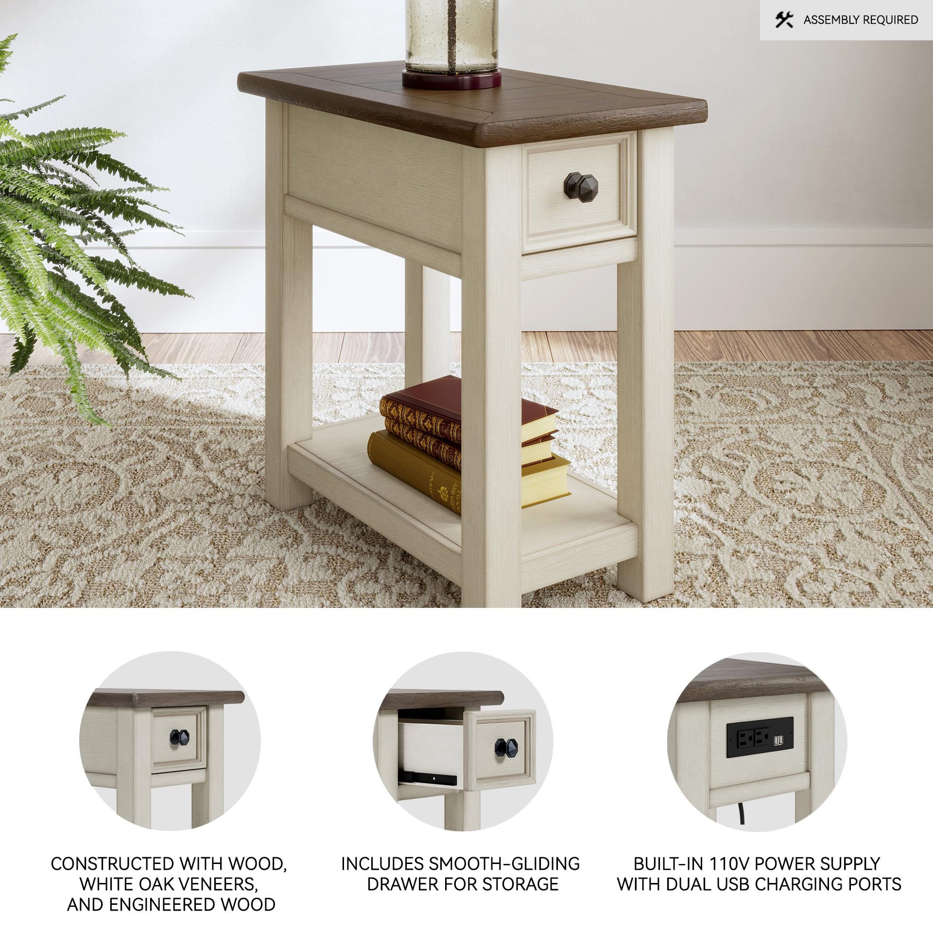 Farmhouse Chairside End Table with Charging Station & Drawer