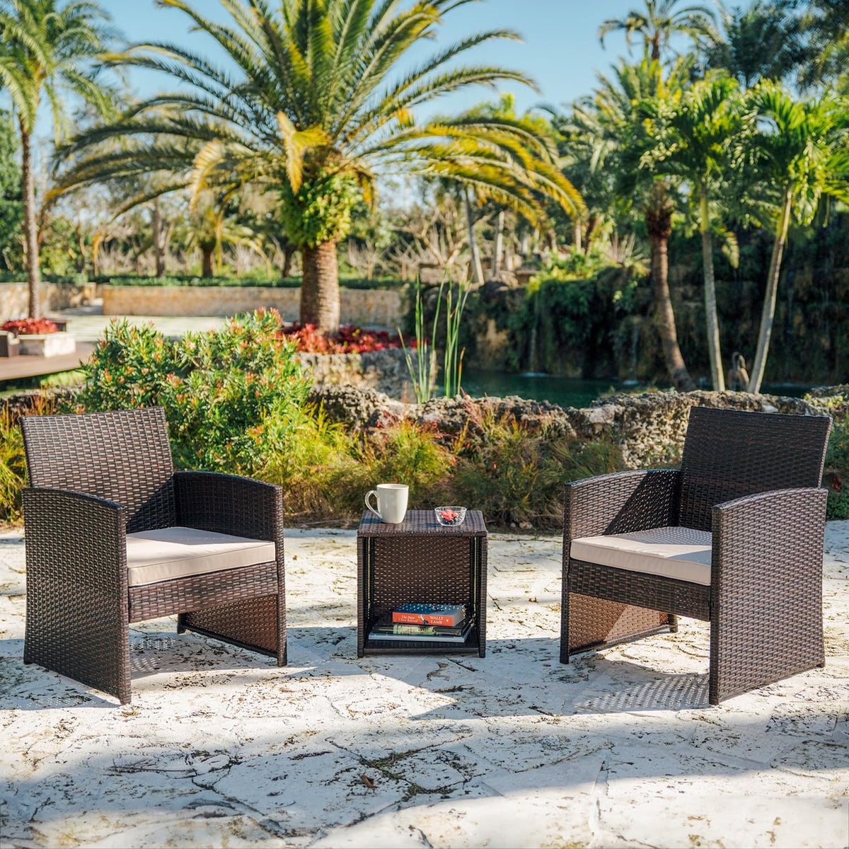 Nestl Wicker Patio Furniture Set - 3 Piece Bistro Table and Chairs Set of 2, Front Porch Furniture Set, Patio Chairs Set of 2, Outdoor Patio Set, Patio Conversation Sets (Brown/Beige)