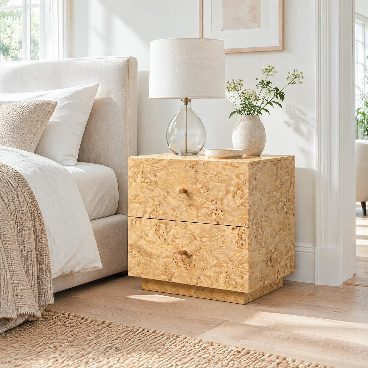 COZPAW Nightstand with 2 Drawers, 20 inch Wide Bedside Table, Natural