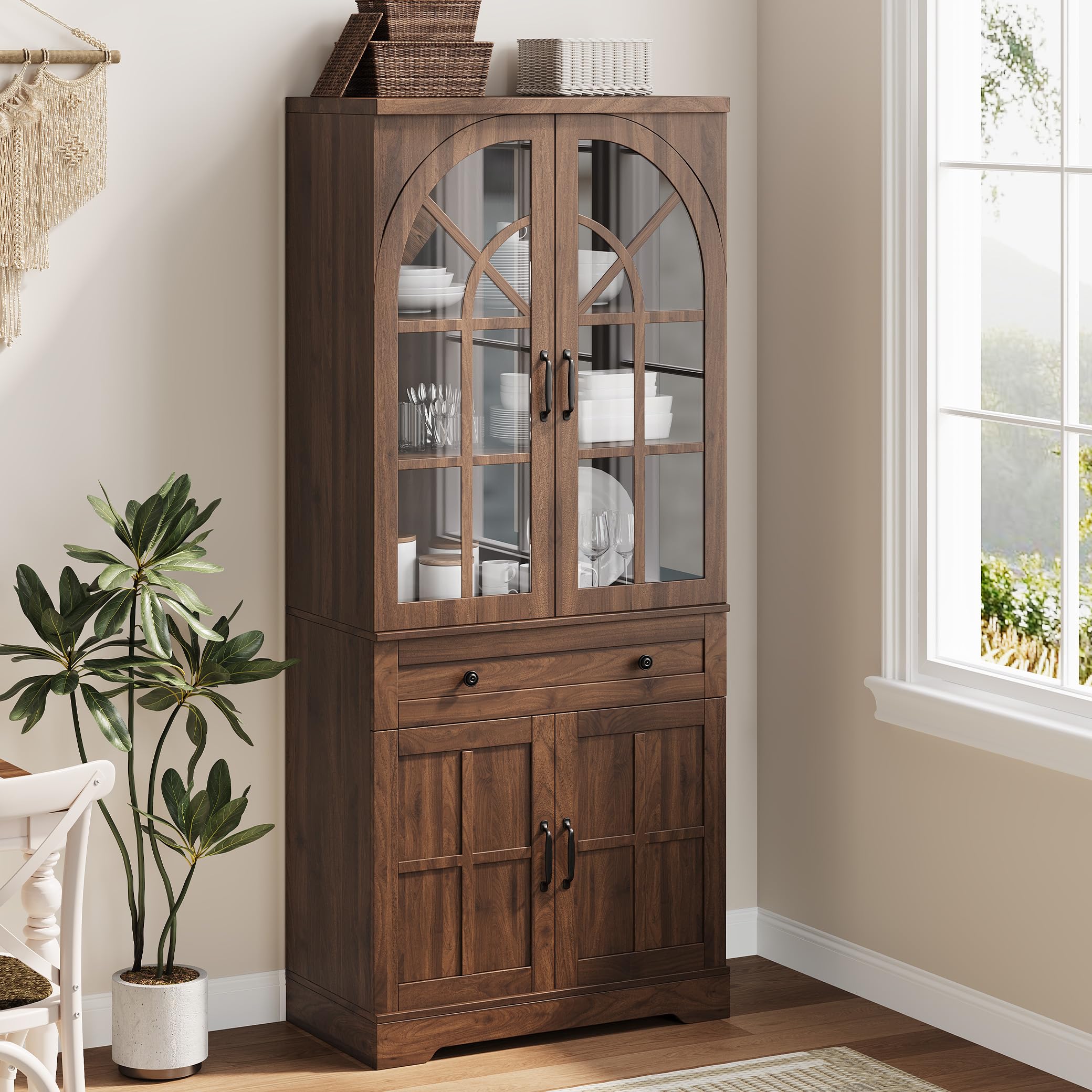 Farmhouse Pantry Cabinet with Tempered Glass Doors