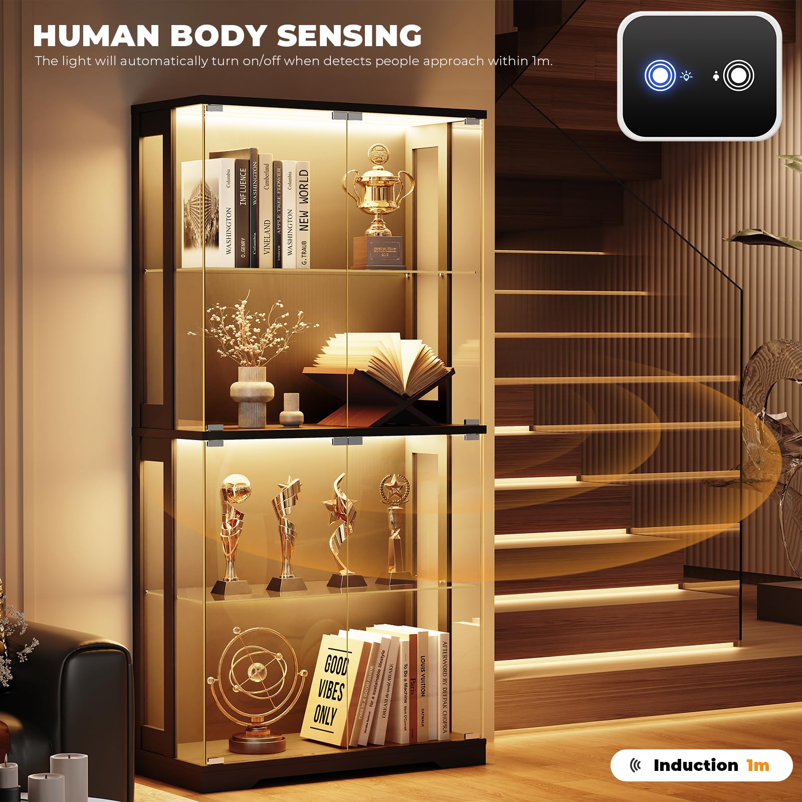 4-Tier Glass Display Cabinet with LED Lights & Human Sensor