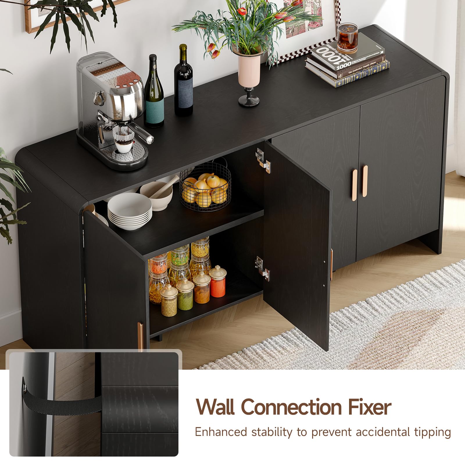 ONBRILL 60" Sideboard Buffet Cabinet with Storage, Curved Design Farmhouse Modern Coffee Bar Cabinet with 4 Doors & Adjustable Shelves for Living Room, Kitchen, Hallway, Black