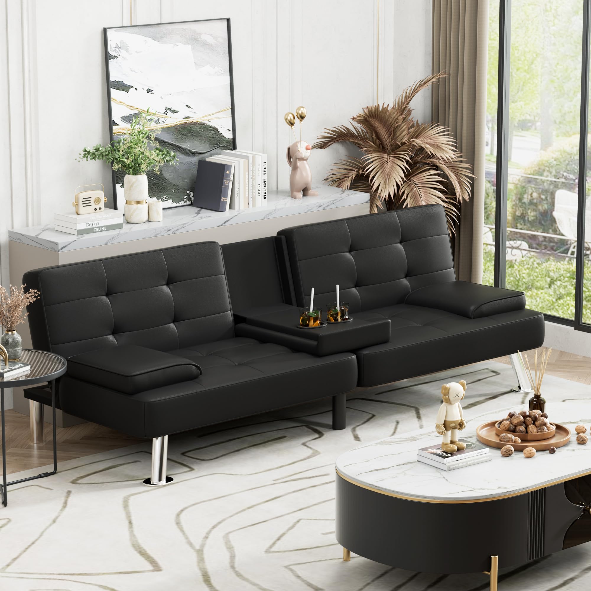 Faux Leather Futon Sofa Bed with Adjustable Backrest & Cup Holders