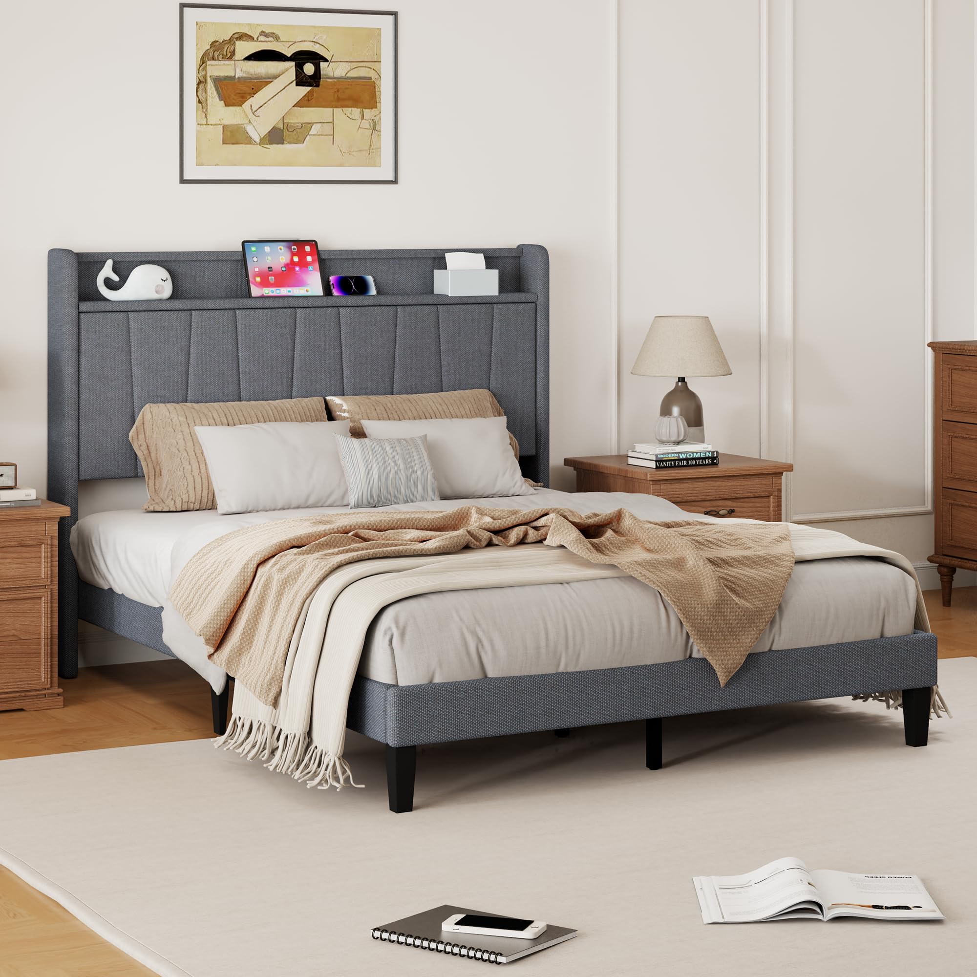 Pingliang Home Queen Size Bed Frame, Linen Upholstered Platform Bed with Storage Headboard, Strong Wooden Slats Support, No Box Spring Needed, Easy Assembly, Dark Grey