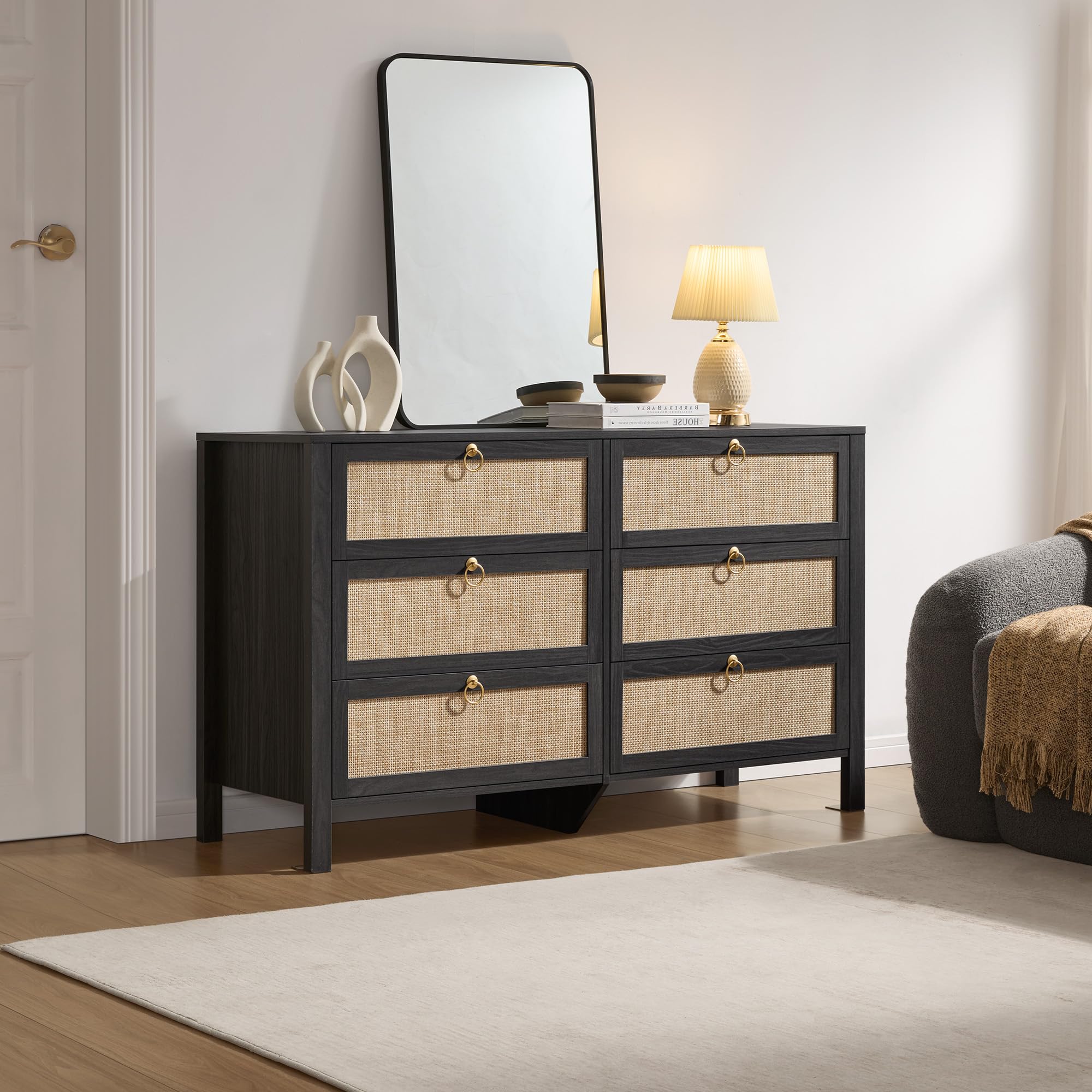 SICOTAS 6 Drawer Dresser for Bedroom - 51" Wide Rattan Dressers Chest of Drawers for Closet, Larger Storage Cabinet Farmhouse Boho Dresser TV Stand for Living Dining Room, Hallway, Black
