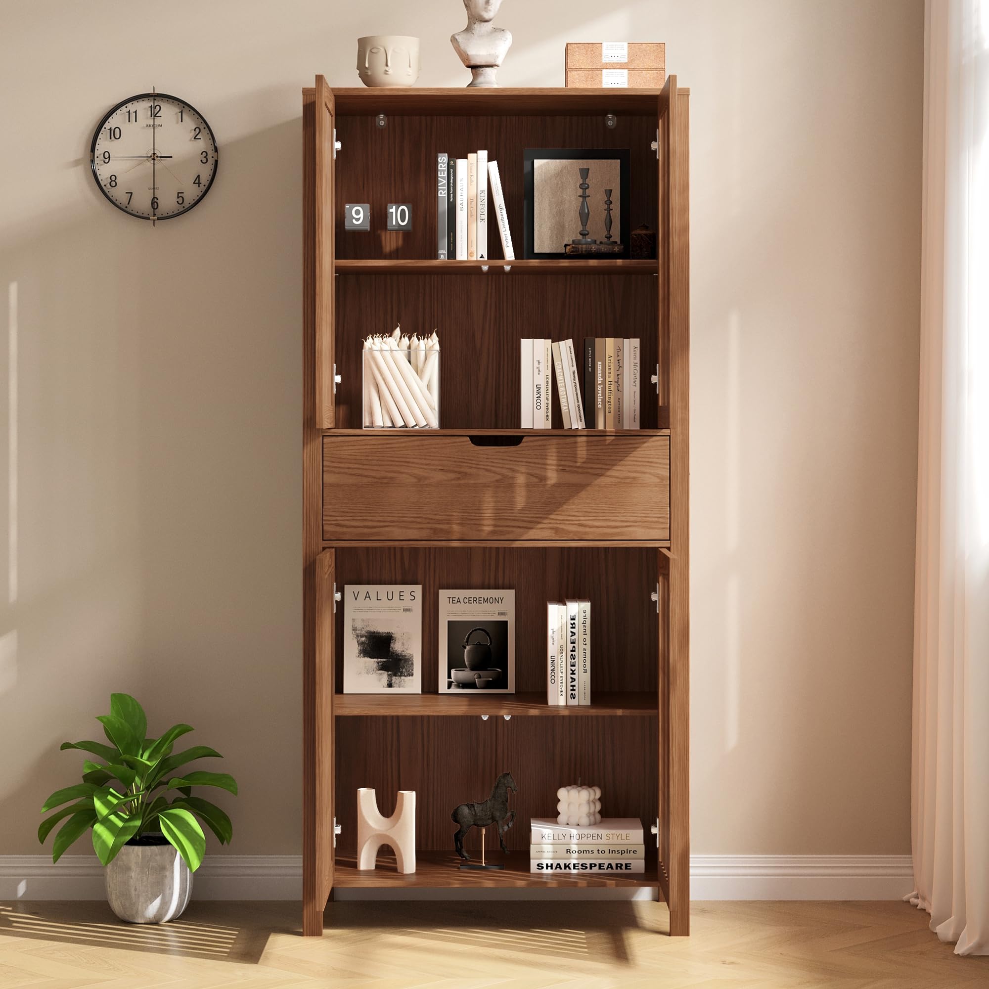 BVIUNTWO 69" Tall Farmhouse Storage Cabinet with Drawer & Adjustable Shelves, Grille Door Organizer Unit, Anti-Tip Design for Bathroom, Kitchen, Living Room, Rustic Brown