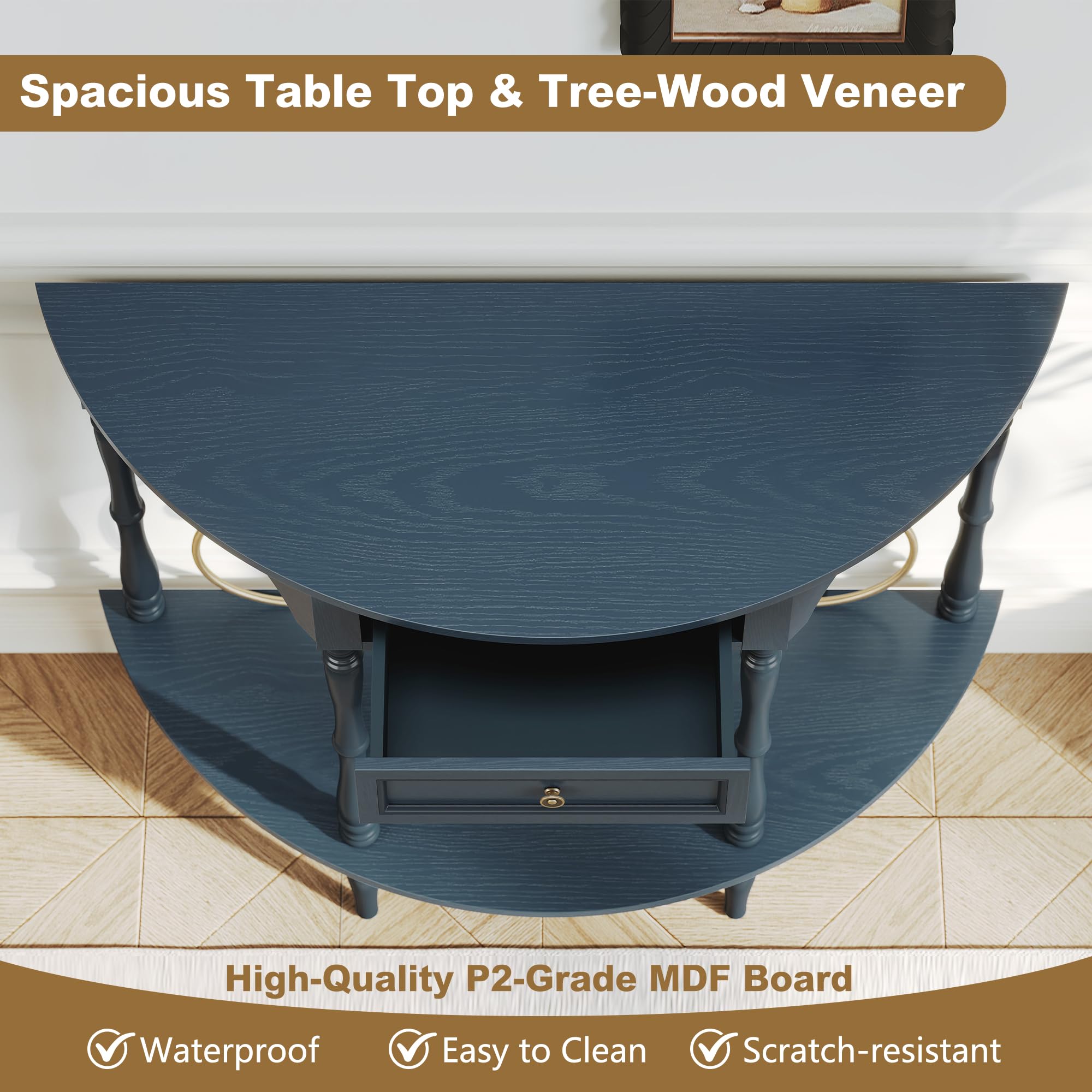 Half Moon Console Table with Drawer & Shelf