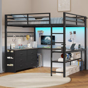 Full Size Loft Bed with U-Shaped Desk & Storage