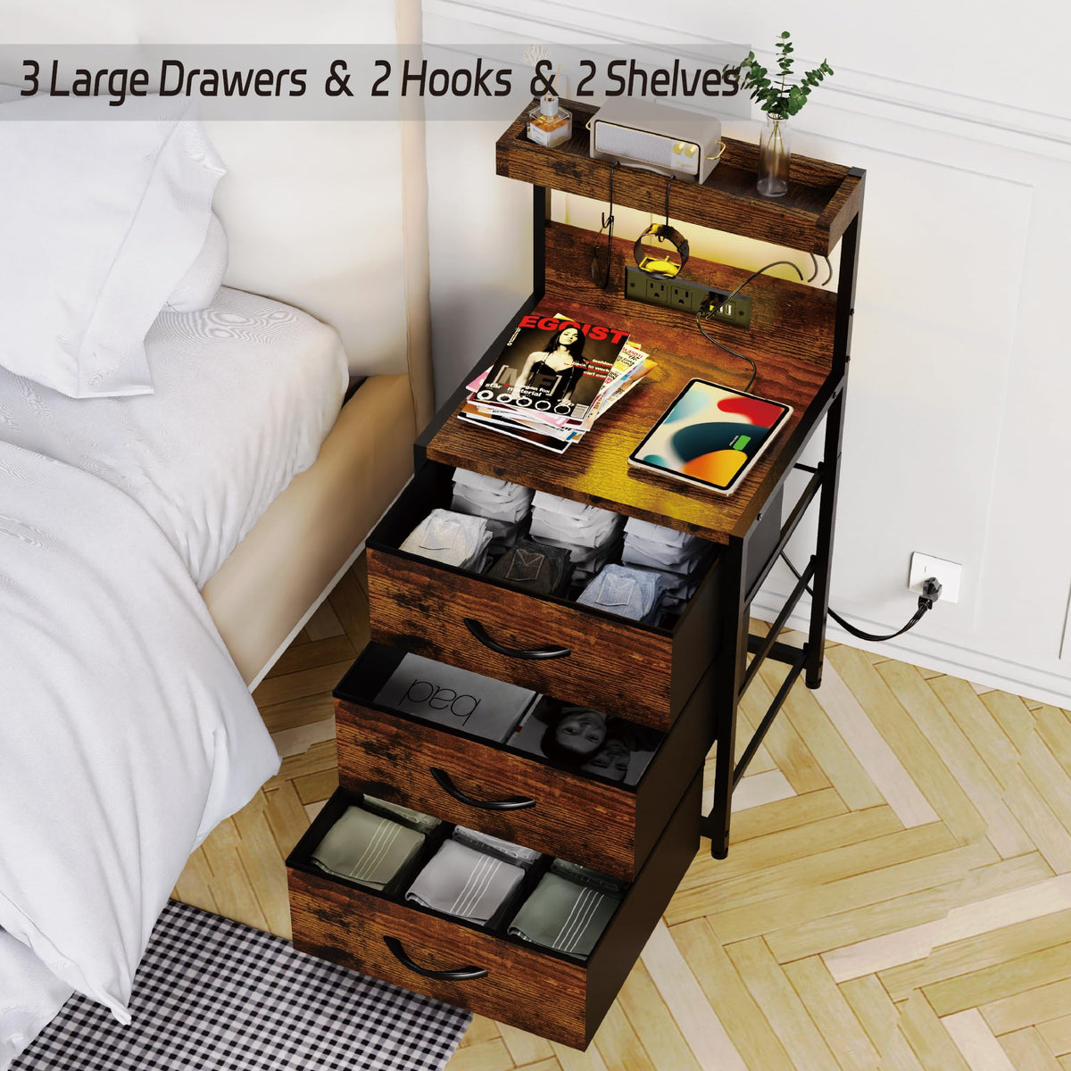 SZLHANJZ Nightstands Set of 2, LED Light and Charging Station, 3 Drawers