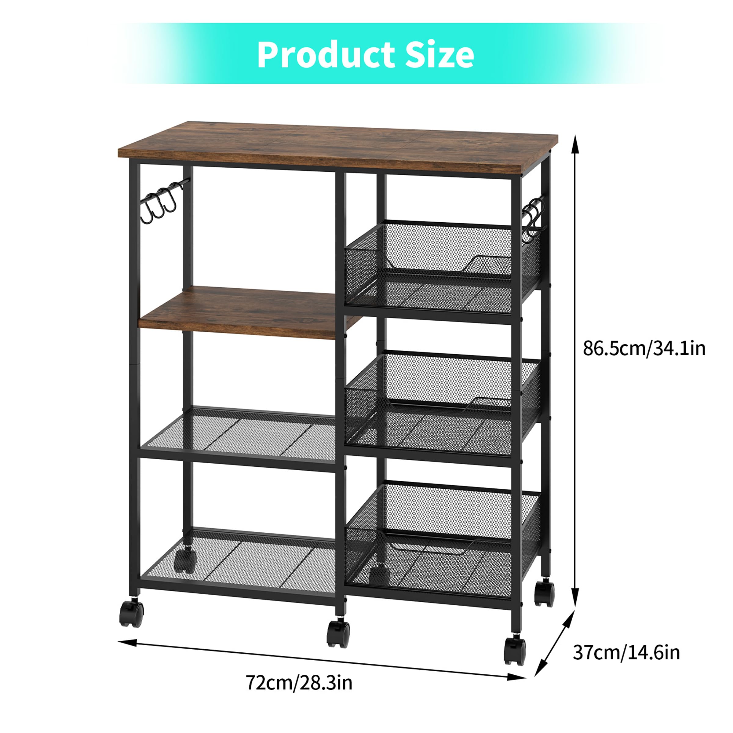 HapiRm Rolling Kitchen Carts with Storage - Microwave Table Stand with 6 Hooks & 3 Baskets, kitchen Island Cart on Lockable Wheels, 28.3" L × 14.6" W Bakers Rack Cart for Dining Room Coffee Bar Office