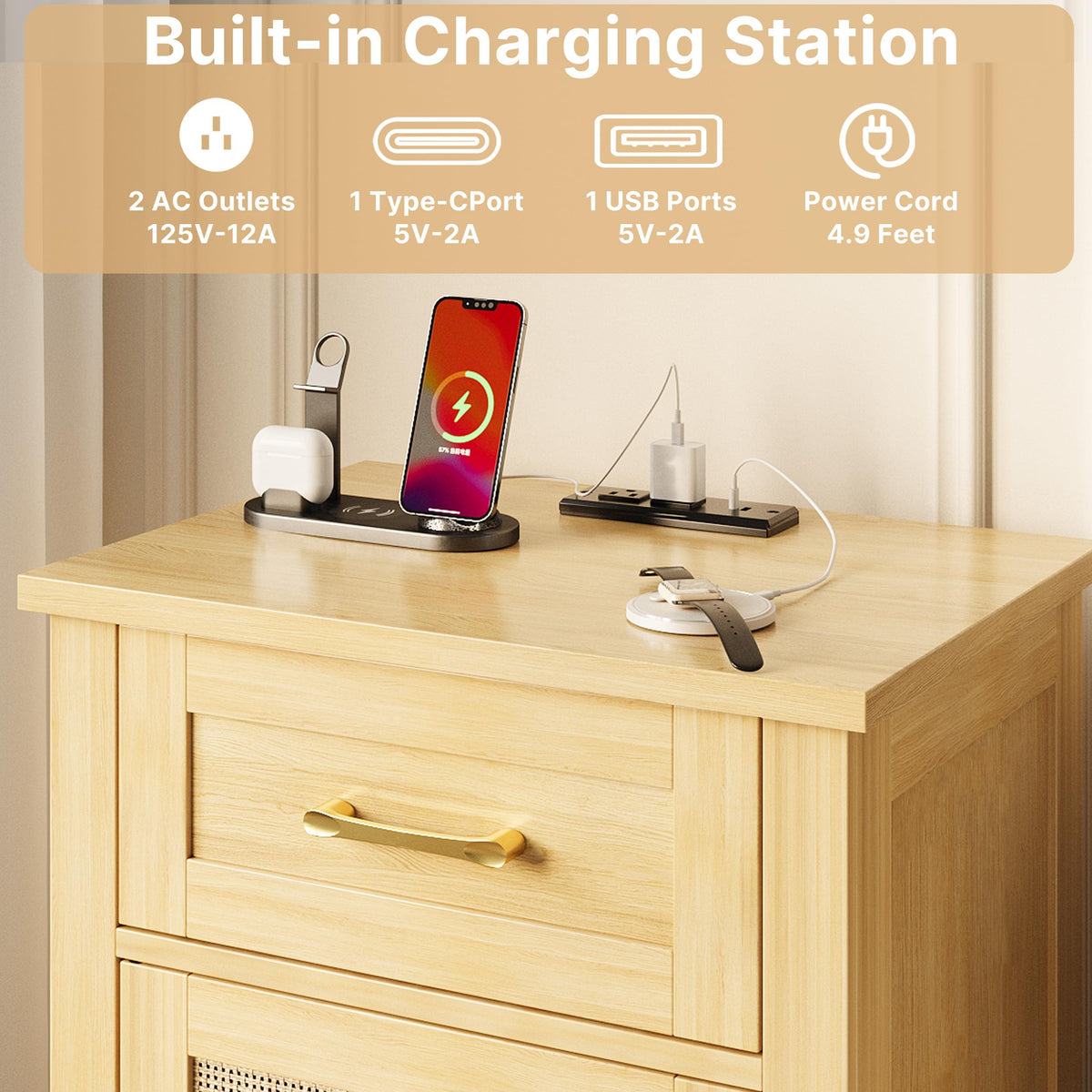Rattan Nightstand with Charging Station