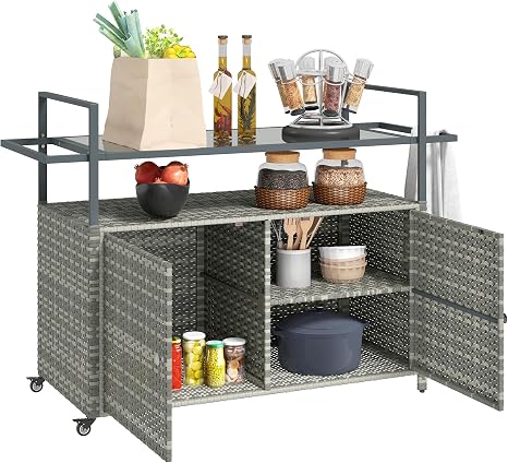 Outdoor Wicker Bar Cart with Glass Top, Wheels & Storage