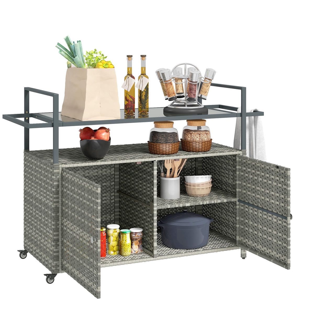 Outsunny PE Rattan Outdoor Storage Cabinet Bar Cart, Wheels, Mixed Gray