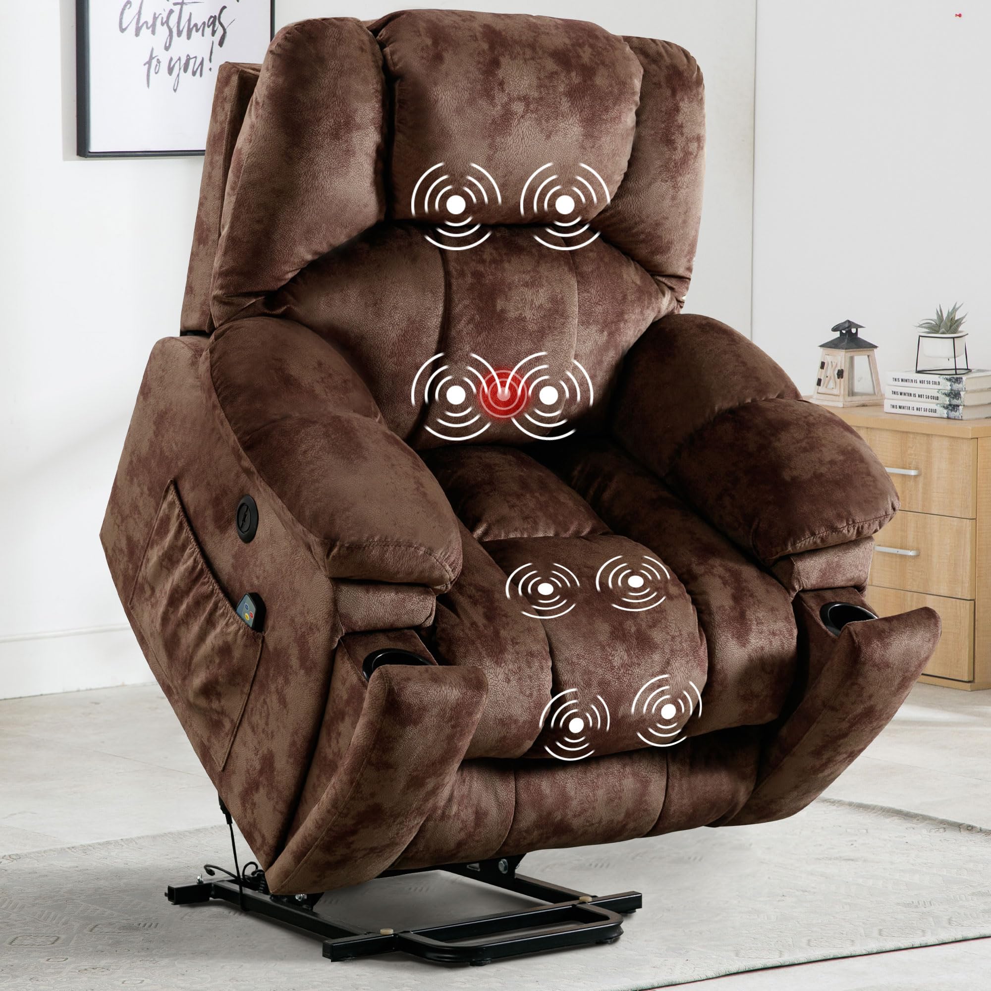 Bonzy Home Power Lift Recliner Chair with Heating and Massage, Upholstered Comfy Lift Chair, Lift Recliner Chairs for Elderly, with 2 Hidden Cup Holders, Side Pockets, USB Port, Brown