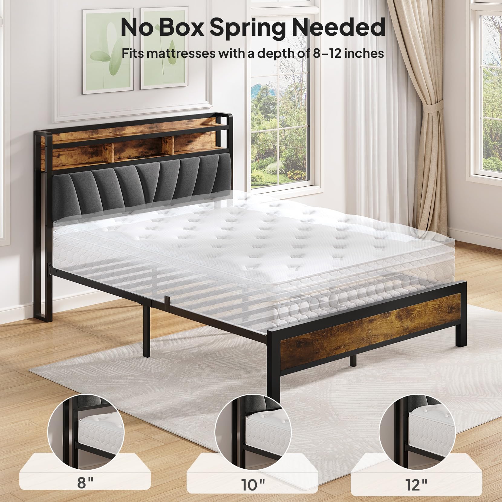 Platform Bed Frame with Storage Headboard, RGB LED Lights & Charging Station