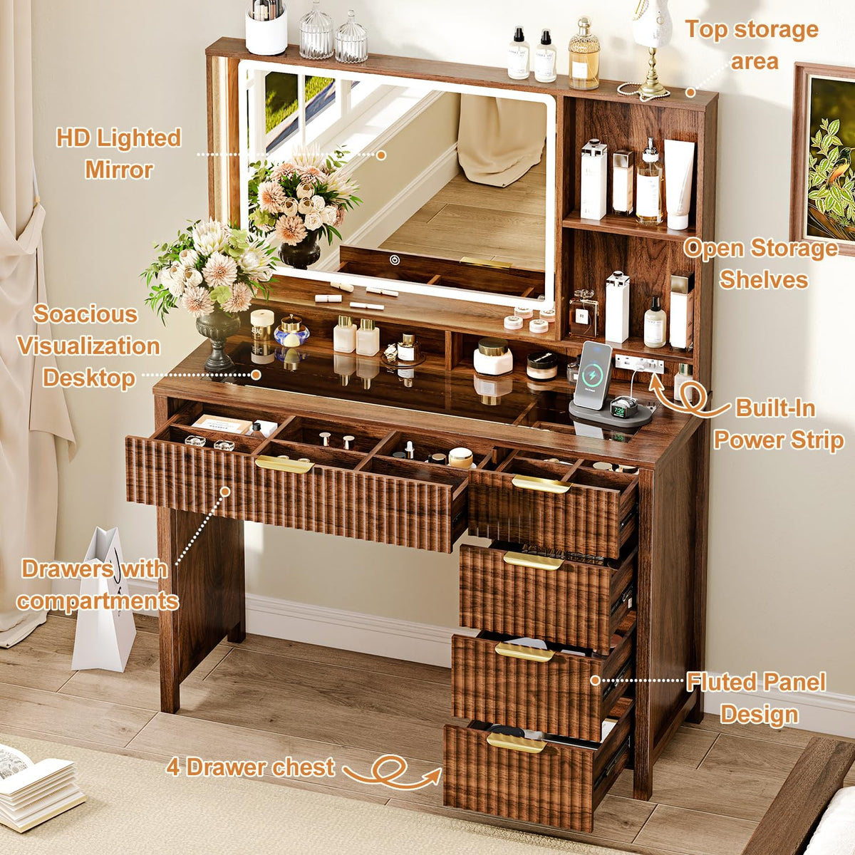 Chestnut Vanity Desk with Lighted Mirror