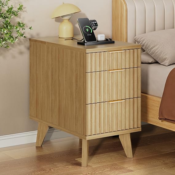 Nightstand with Hidden Charging Outlets & 3 Drawers