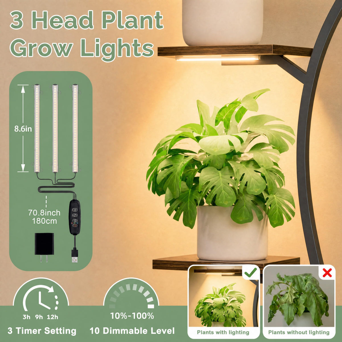JUSTOGO Plant Stand Indoor with Grow Lights - Tall Indoor Plant Shelf