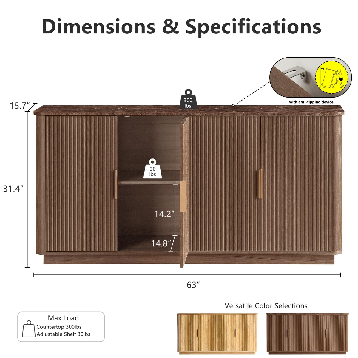 win2win 63" Fluted Sideboard Buffet Cabinet with Storage