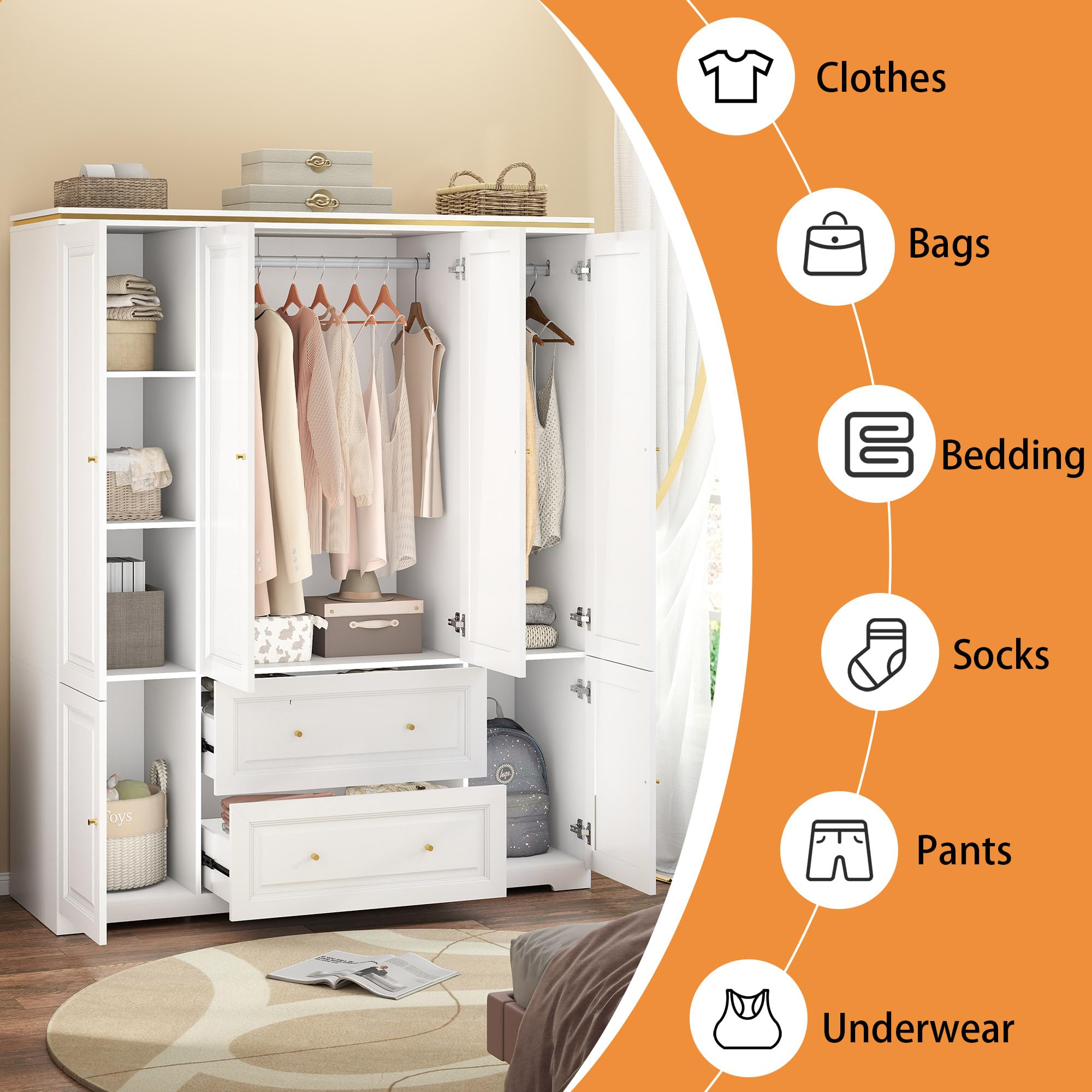 Wardrobe Closet with Drawers and Hanging Rod