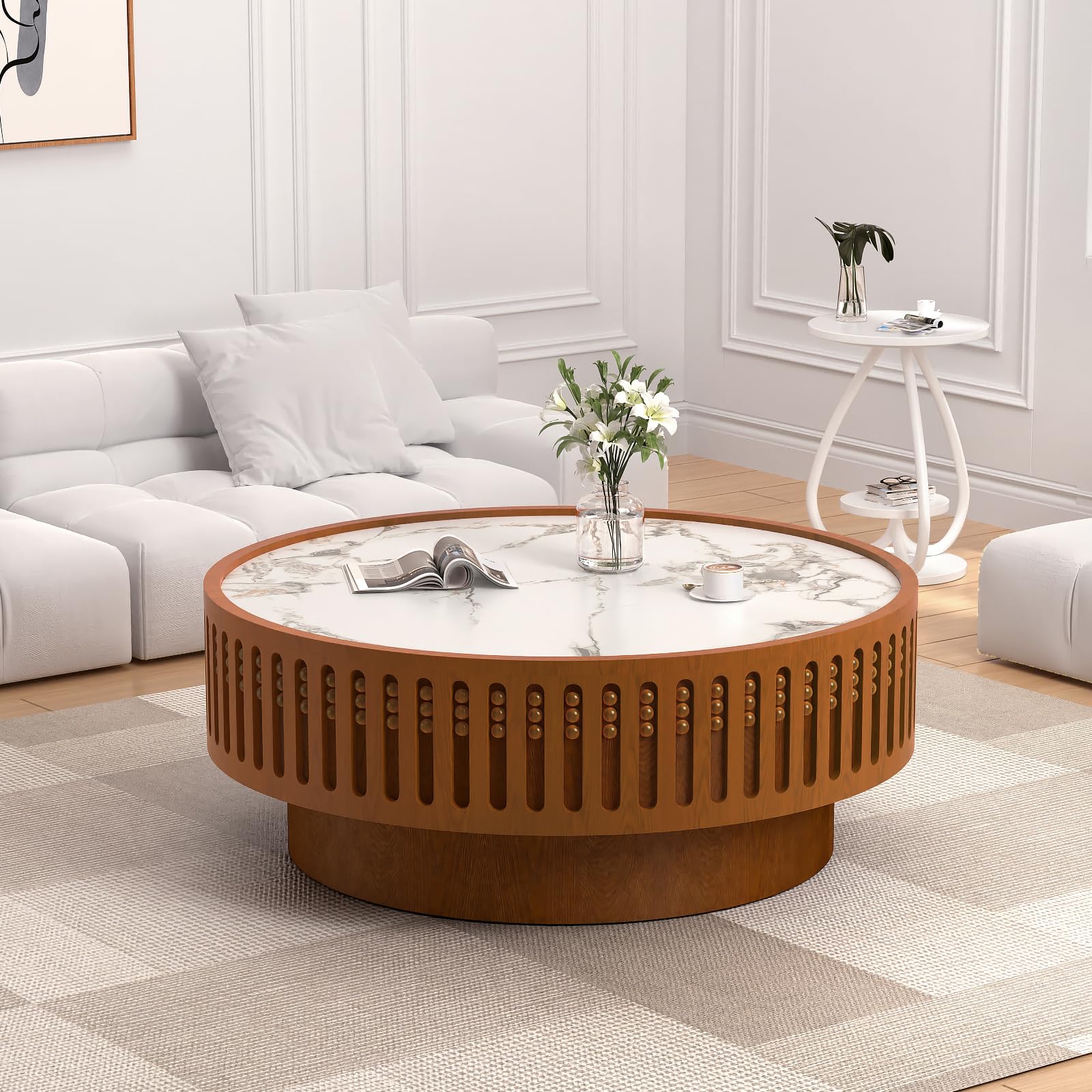 JHKZUDG 35.4" Round Coffee Table with Sintered Stone Tabletop, Wooden Fluted Coffees Table, Circle Accent Center Table for Living Room Apartment Office Small Space (35.4" Coffee Table)