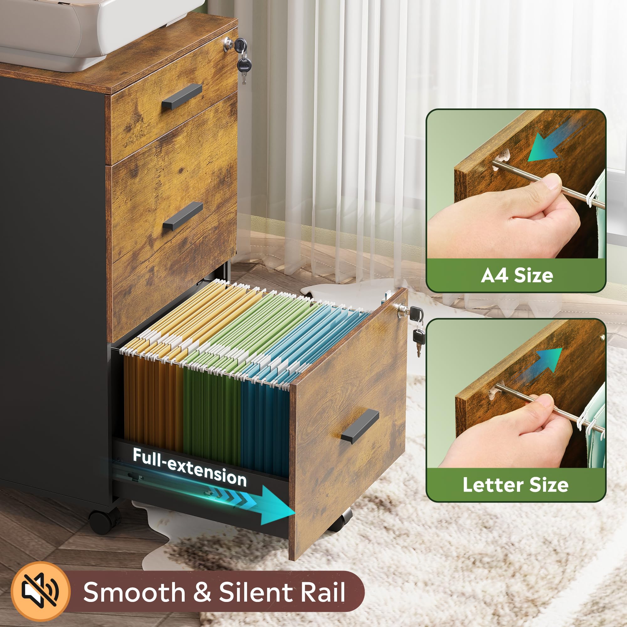 3-Drawer Rolling File Cabinet with Lock