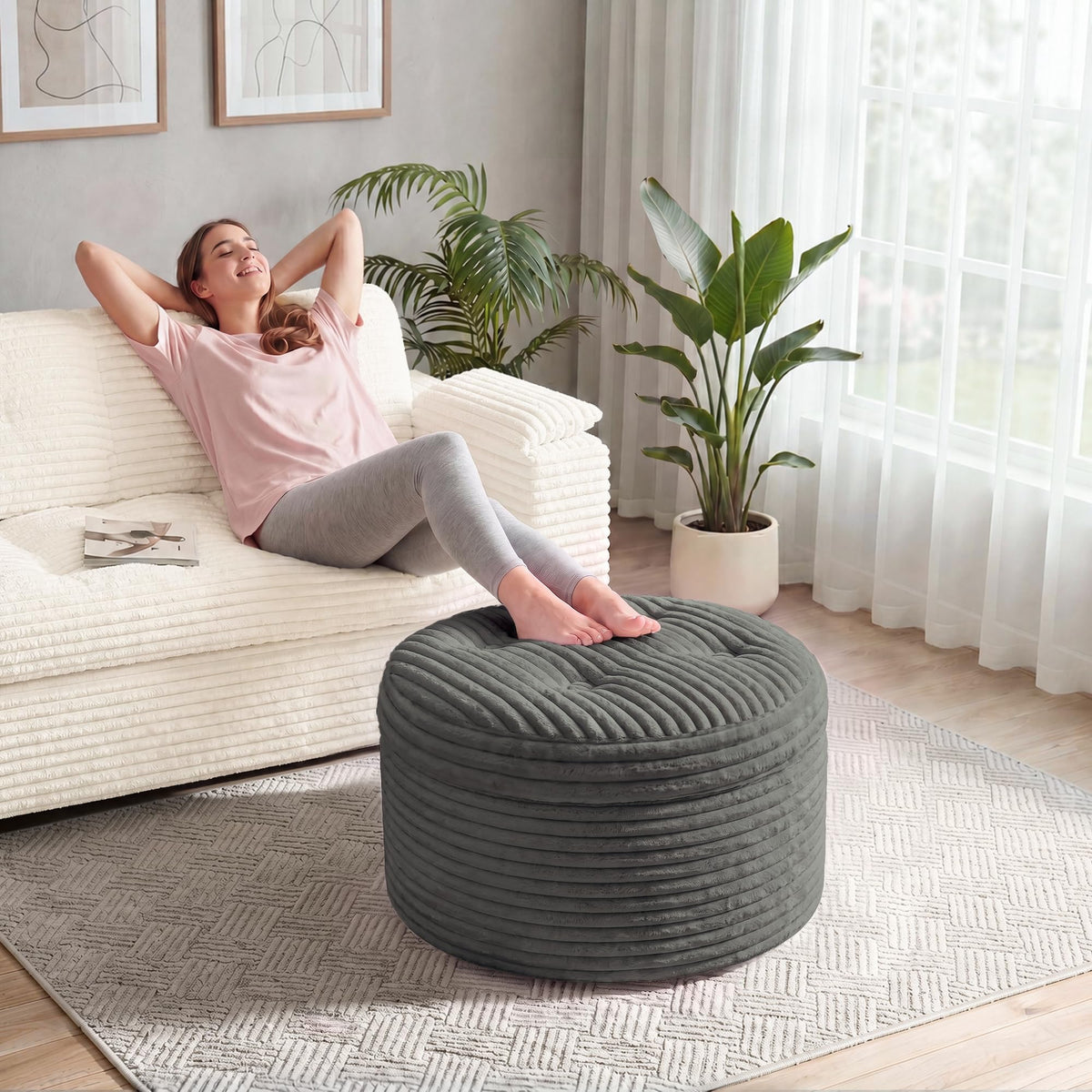 Fabulcozy 23.6in Round Pouf Ottoman, Corduroy Footstool Foot Rest Seating