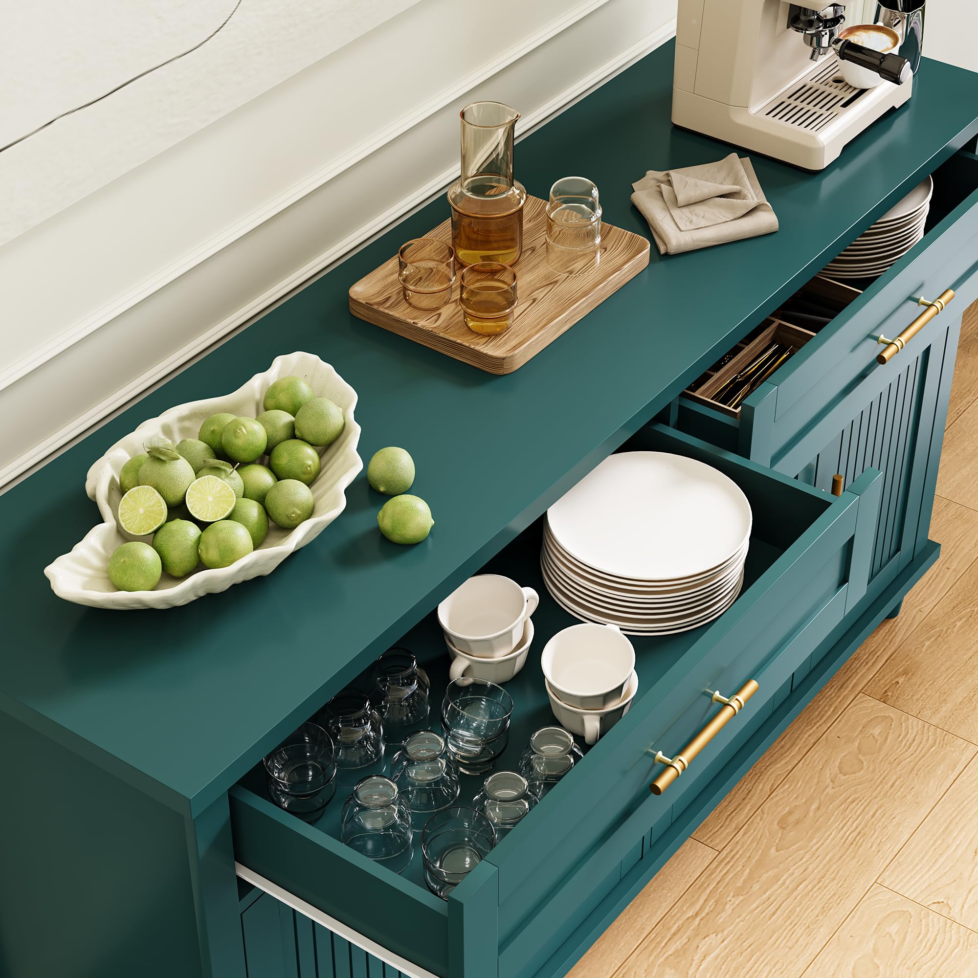 ZOSQUARE 58 Inch Sideboard Buffet Cabinet with Storage, Fluted Buffet Storage Cabinet with 2 Drawers and 4 Doors, Modern Coffee Bar with Adjustable Shelves for Living Room, Kitchen (Green)