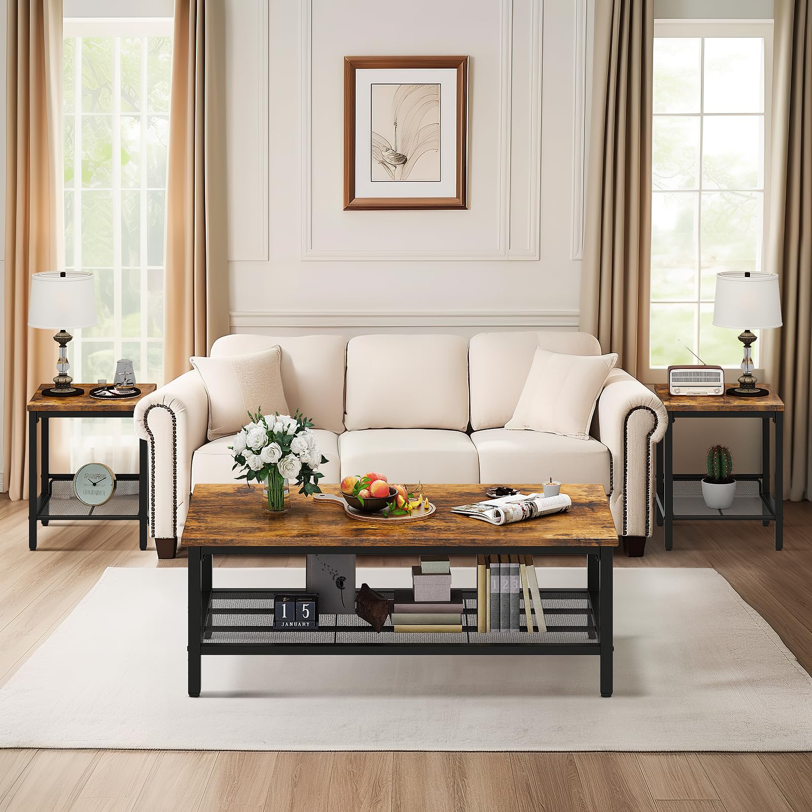 Coffee Table Set of 3, Rustic Brown