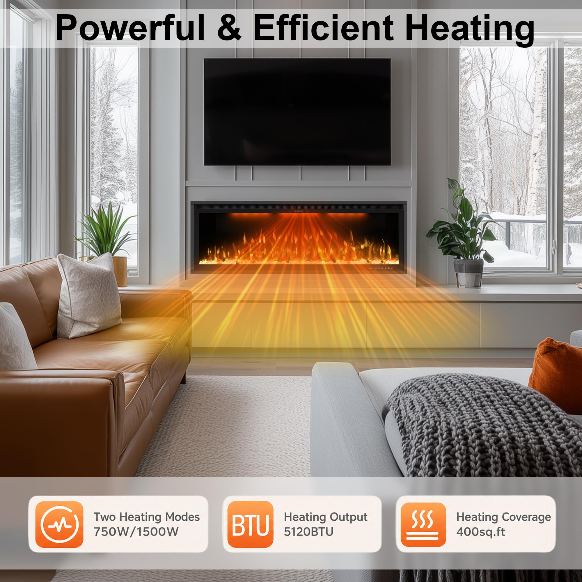 48" Smart Electric Fireplace Inserts, Slim Fireplace with APP & Alexa Control, Remote & Touch Panel, Adjustable Flame Colors & Fuel Bed Colors, Timer & Overheat Protection, 750W/1500W, Black