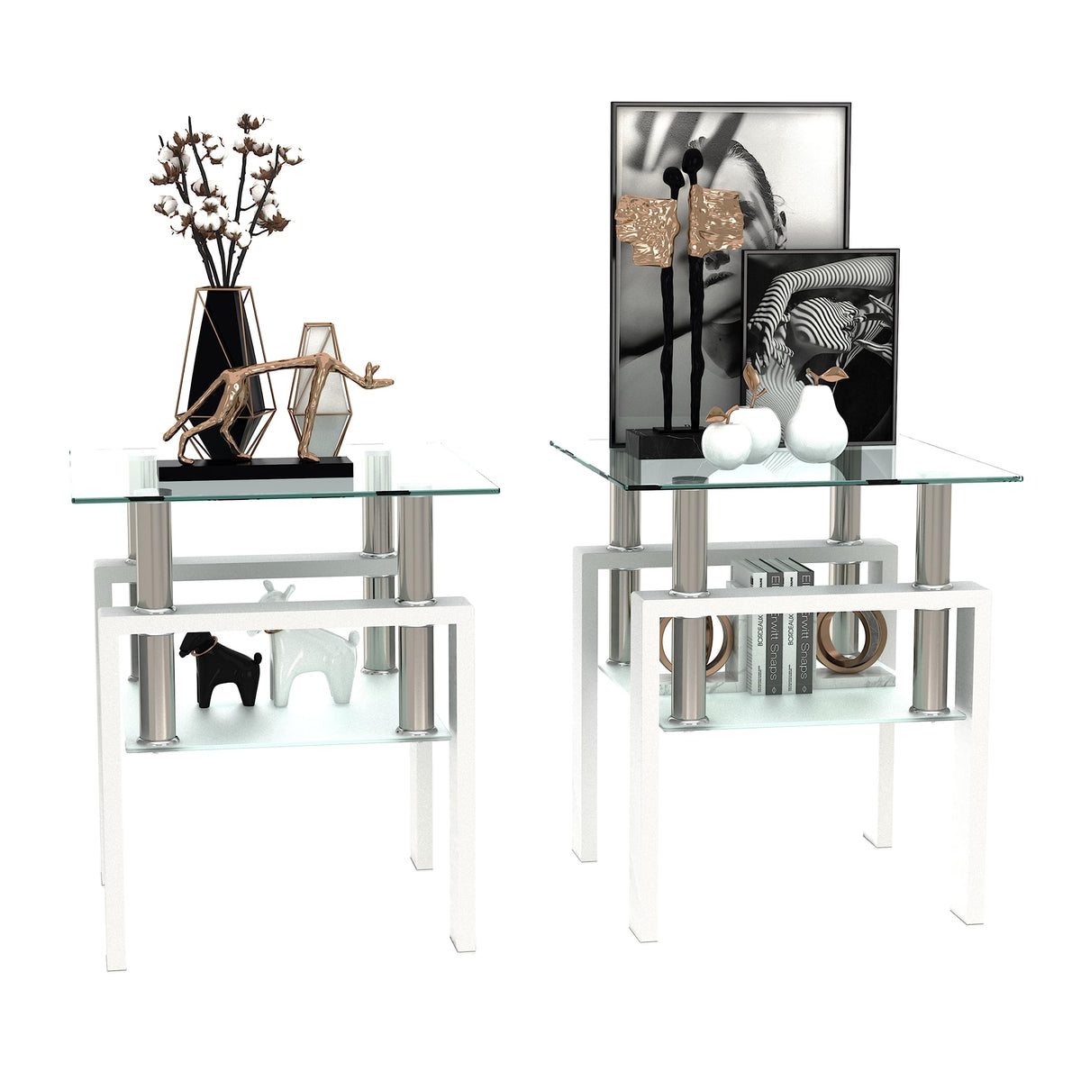 TIOPLY Living Room Tables Set,3 Piece Glass Coffee Table and End Tables Set for Living Room, Coffee Table Set with Tempered Glass Tabletop and Metal Frame for Apartment, Small Space, White