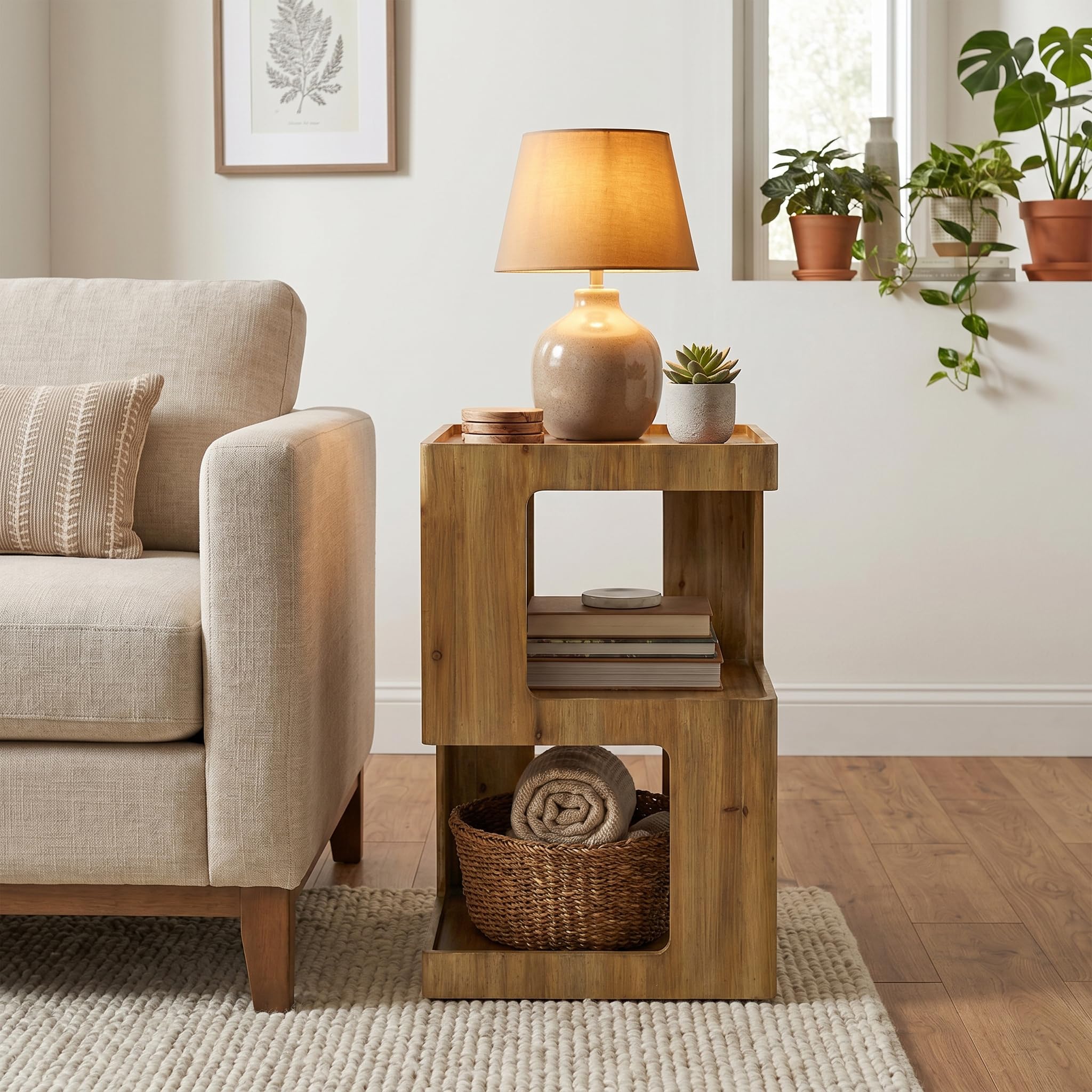 Geometric Wood End Table – 3-Tier Open Shelf
