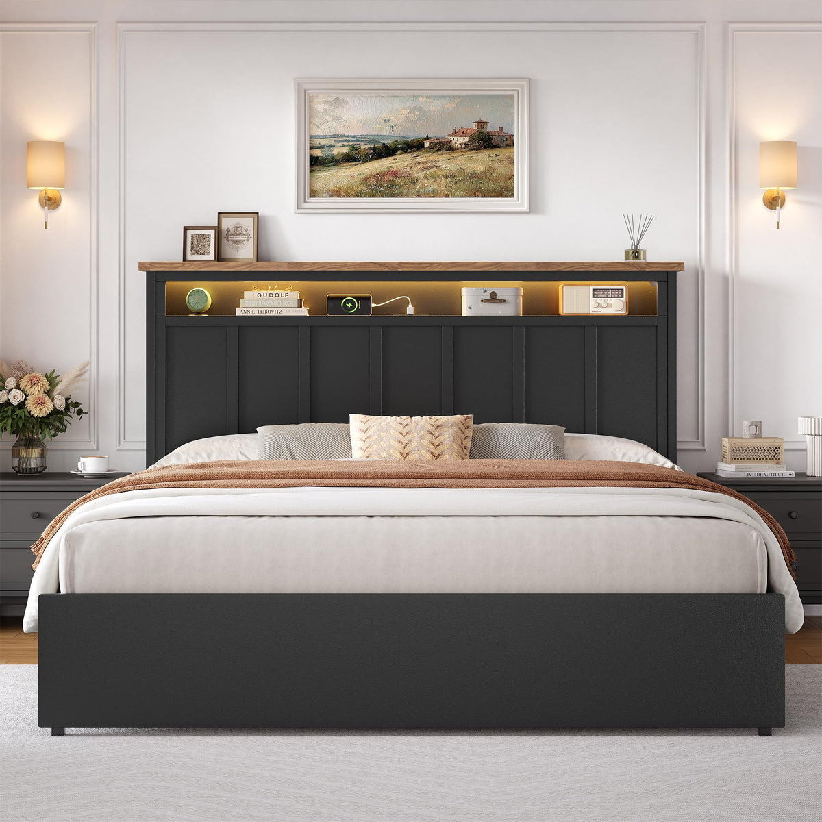 Glirun Queen Bed Frame with 2-Tier Storage Headboard, Black