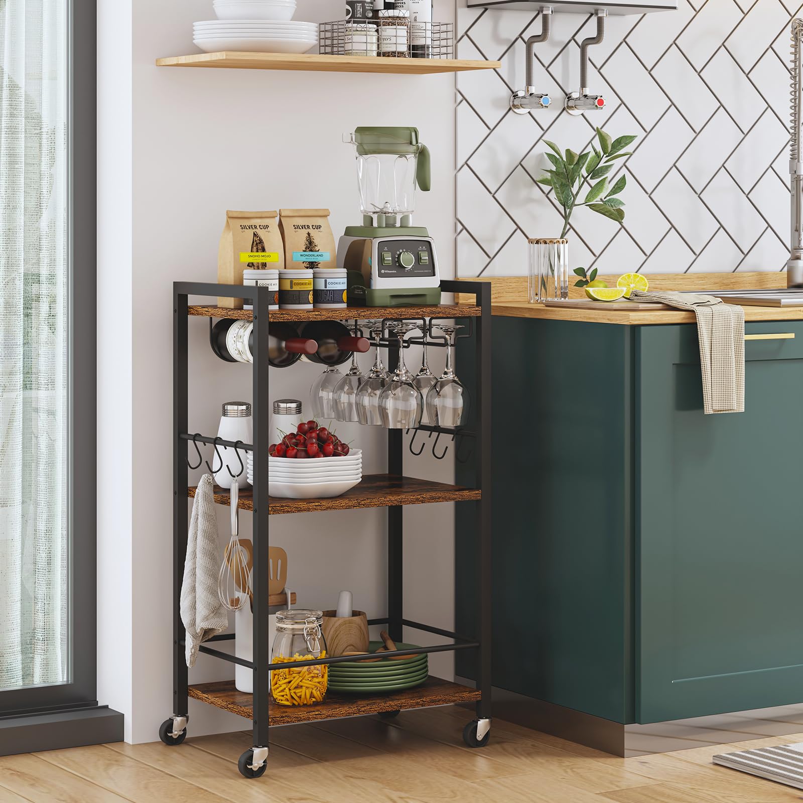3-Tier Rolling Bar Cart with Wine Rack & Glass Holder