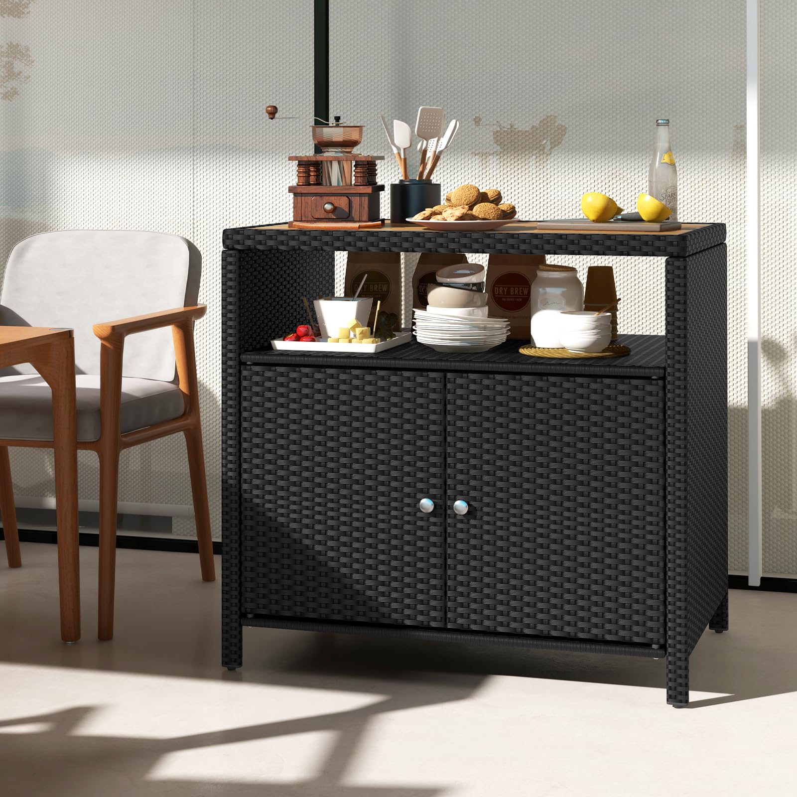 RELAX4LIFE Wicker Outdoor Bar Cabinet - PE Rattan Patio Bar Table w/Acacia Wood Countertop, Open Shelf & 2 Doors, Buffet Sideboard Organizer for Garden Backyard Pool, Outside Storage Cabinet (Black)