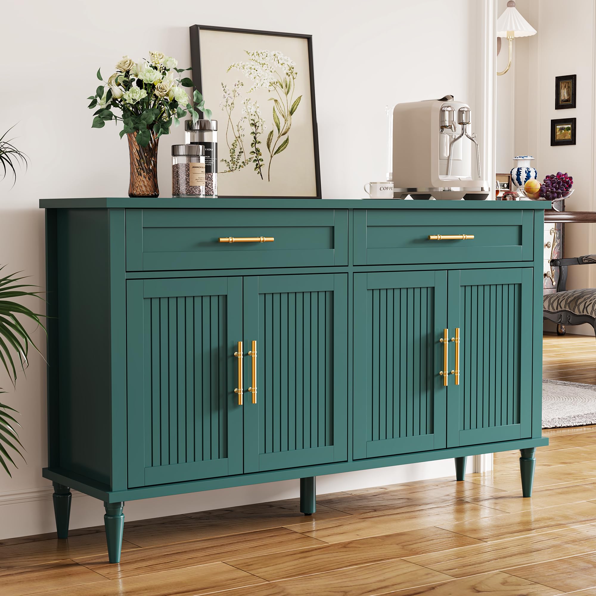 ZOSQUARE 58 Inch Sideboard Buffet Cabinet with Storage, Fluted Buffet Storage Cabinet with 2 Drawers and 4 Doors, Modern Coffee Bar with Adjustable Shelves for Living Room, Kitchen (Green)
