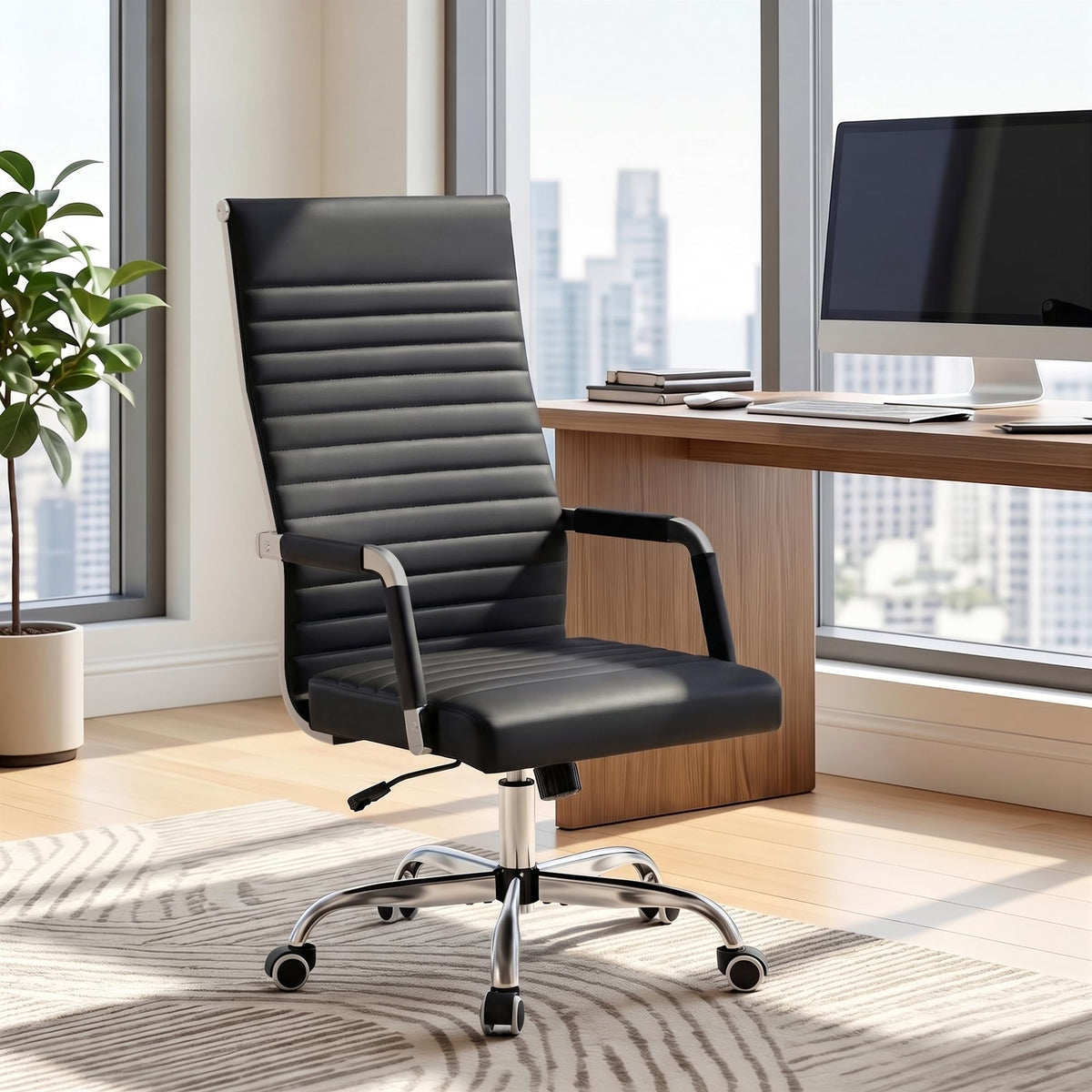 Furmax Ribbed Office Chair High Back PU Leather Executive Conference Chair Adjustable Swivel Chair with Arms, Black