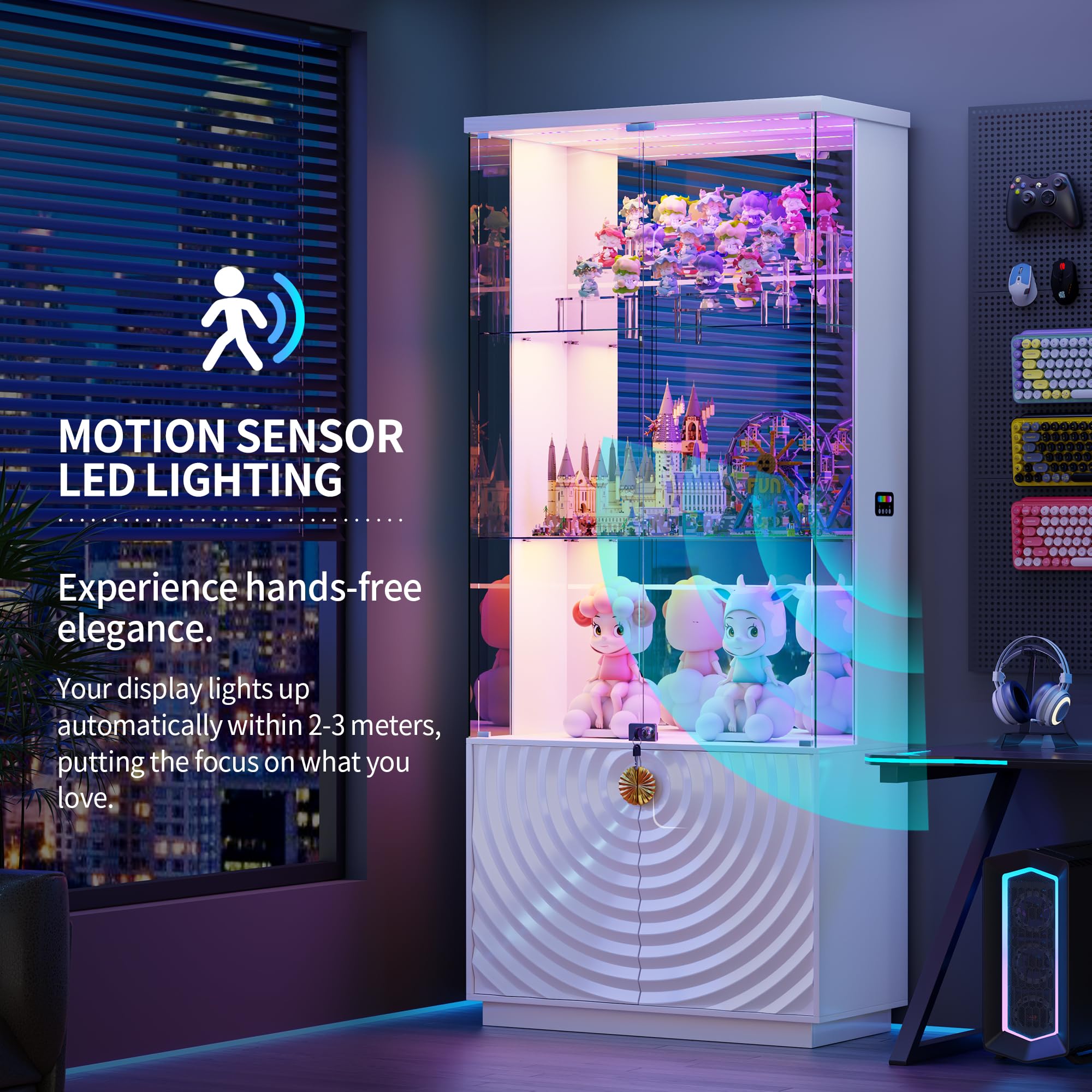 4-Tier Glass Display Cabinet with RGB LED Lights, Motion Sensor & Lockable Pop-Up Door – 70.9"