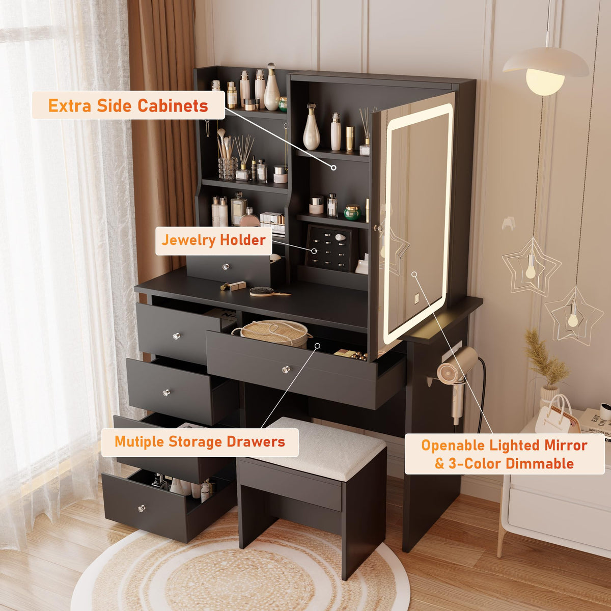 DYHOME Makeup Vanity Desk with LED Lights Mirror, Vanity Table Set Black