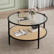 Mid Century Modern Coffee Table with Glass Top and PE Rattan Storage Shelf, 2-Tier 30.7 Inch Wood Round Boho Coffe Table, Metal Frame, Unique Center Table for Livinig Room Apartment Small Space